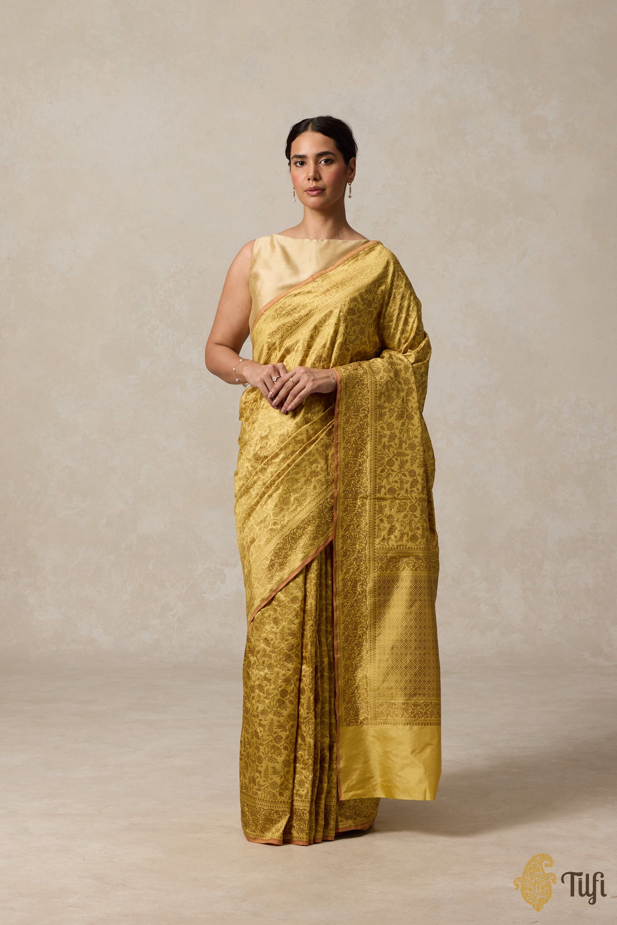 Pre-Order: Yellow Green Pure Katan Silk Banarasi Shikargah Handloom Saree