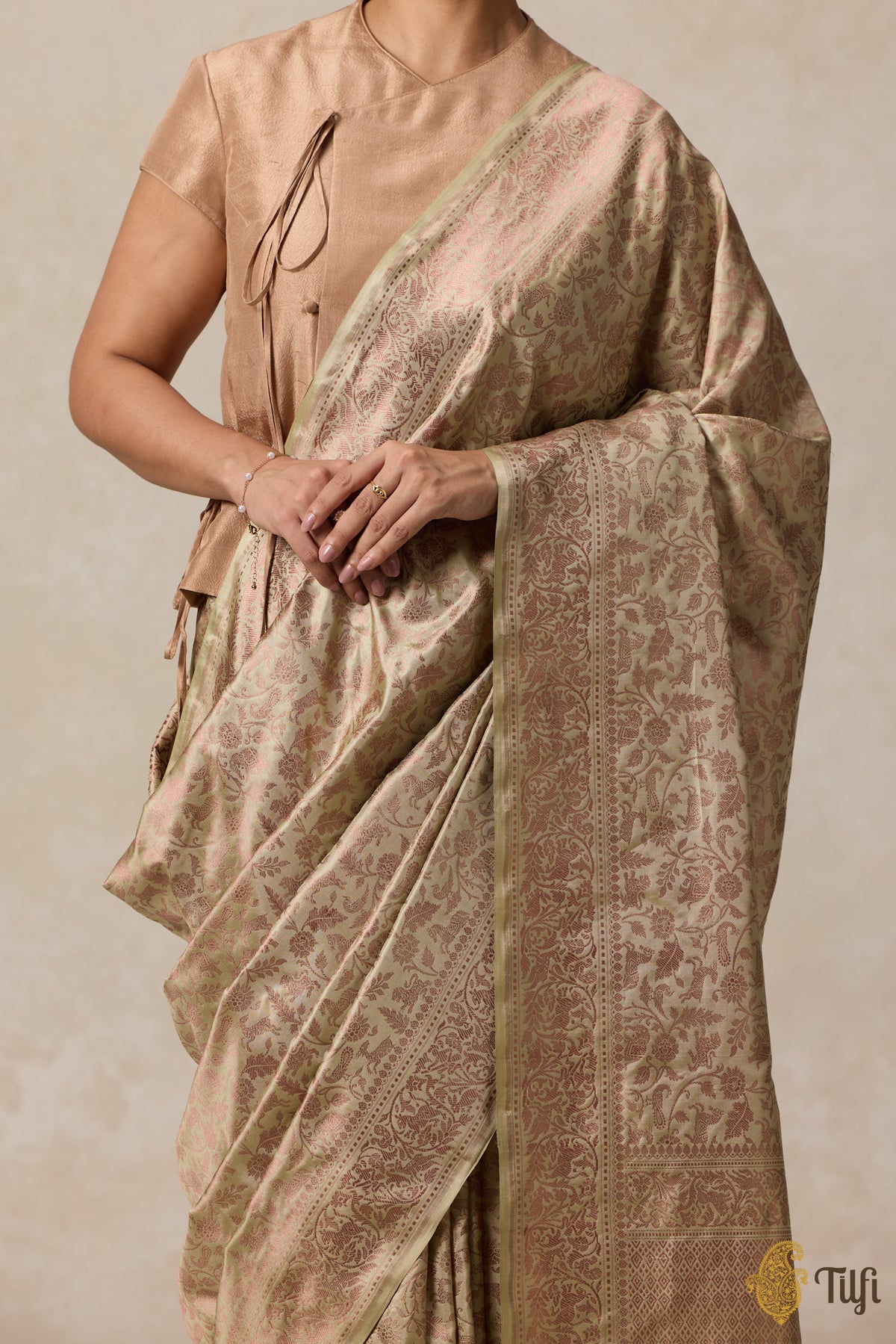 Off-White Beige Pure Katan Silk Banarasi Shikargah Handloom Saree