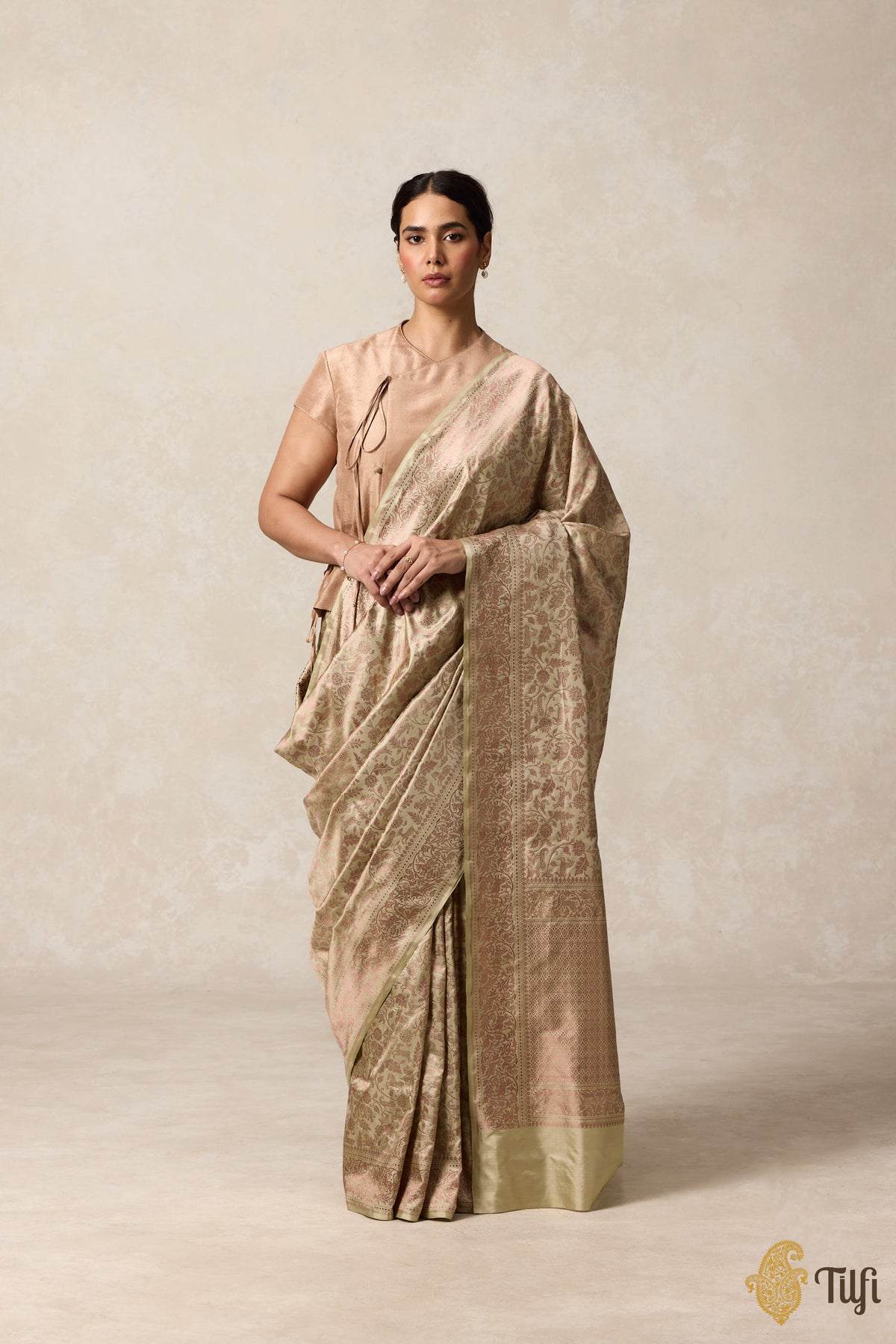 Off-White Beige Pure Katan Silk Banarasi Shikargah Handloom Saree