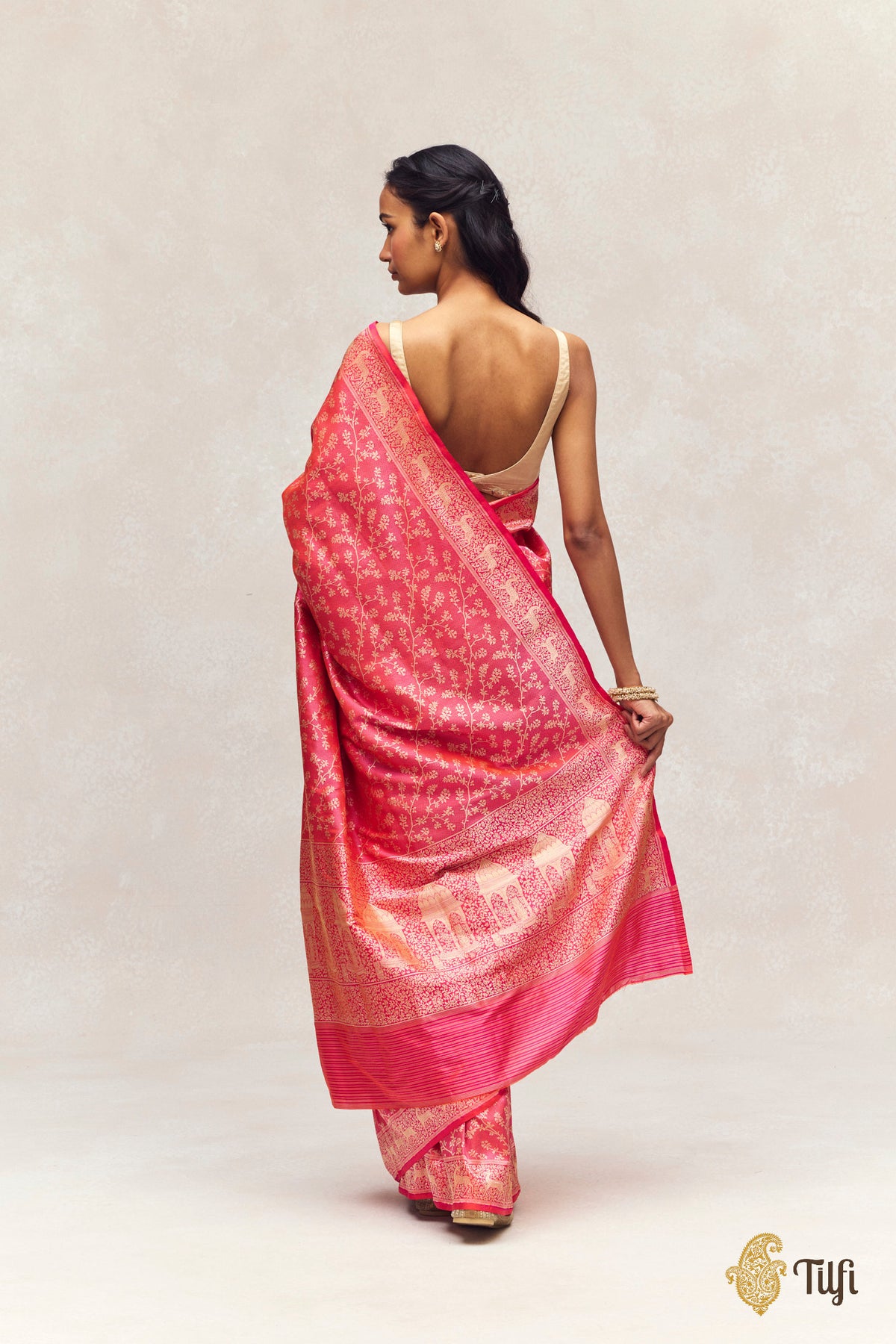 'Tiger's Respite' Orange-Pink Pure Katan Silk Banarasi Handloom Saree