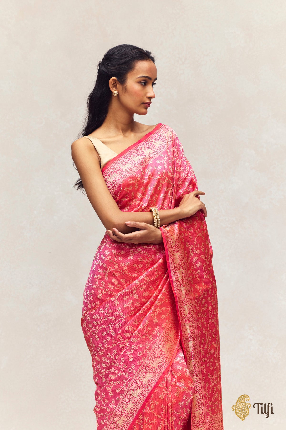 'Tiger's Respite' Orange-Pink Pure Katan Silk Banarasi Handloom Saree