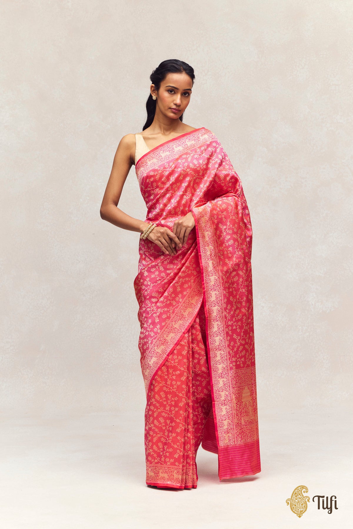 'Tiger's Respite' Orange-Pink Pure Katan Silk Banarasi Handloom Saree