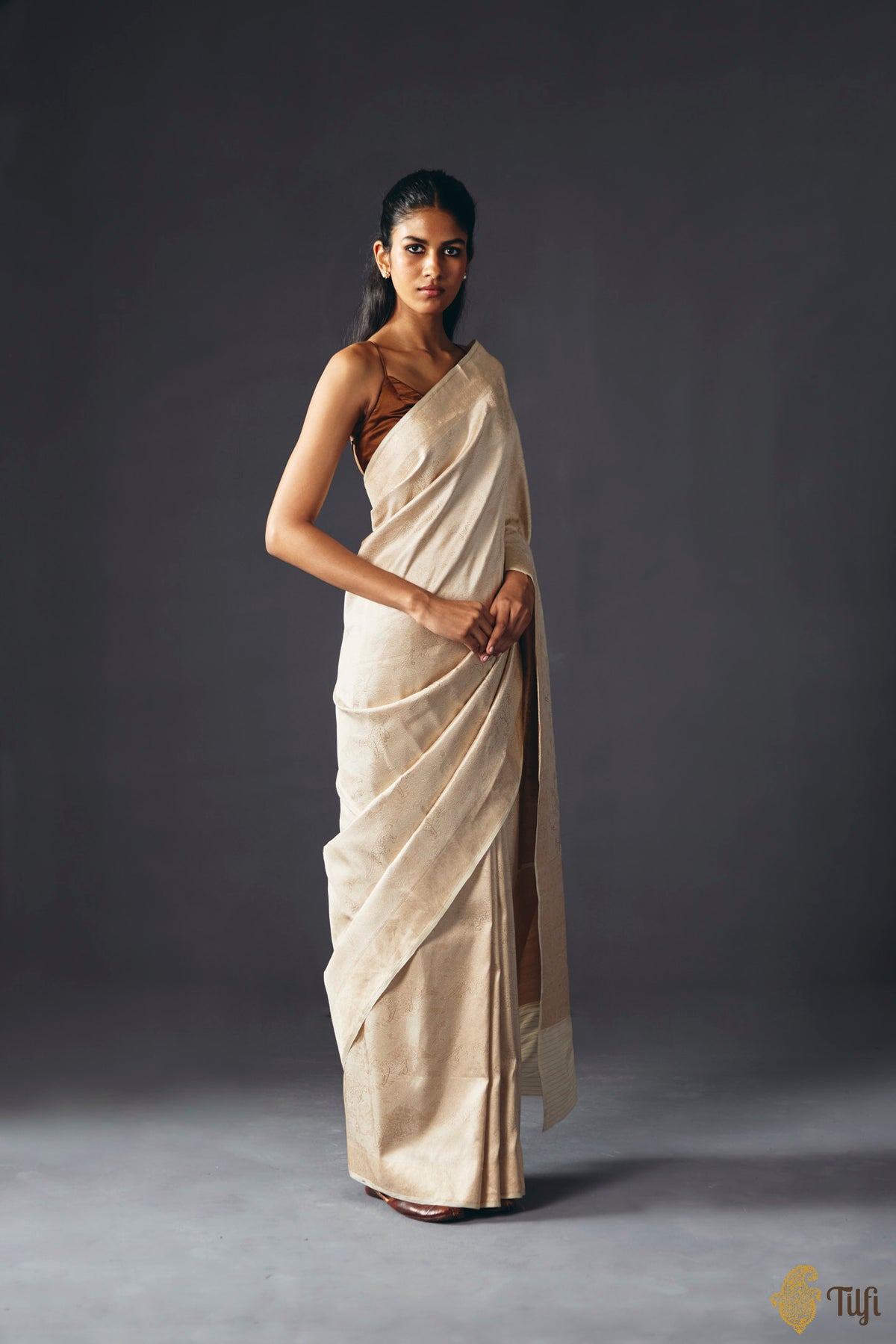 'Secrets of the Snow' Off White Pure Katan Silk Banarasi Handloom Saree