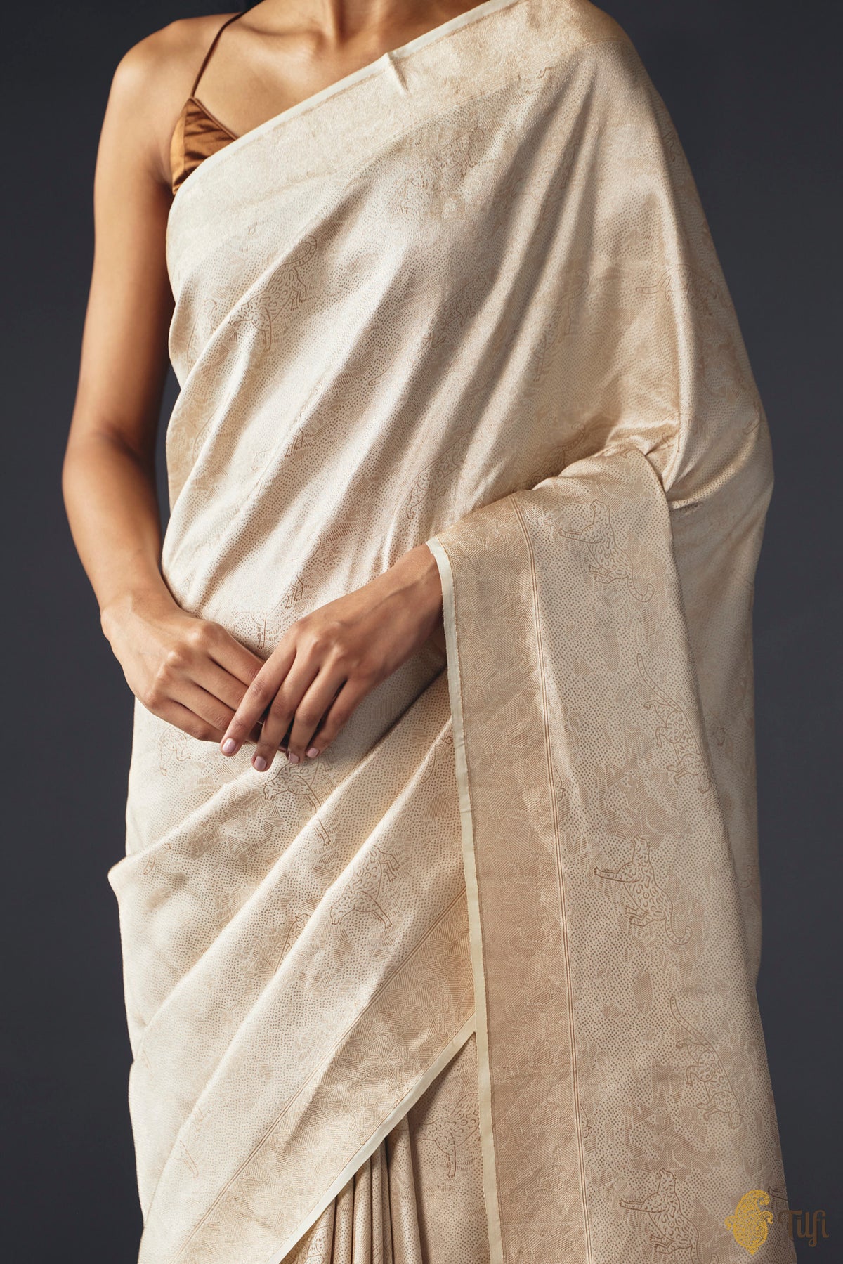 'Secrets of the Snow' Off White Pure Katan Silk Banarasi Handloom Saree