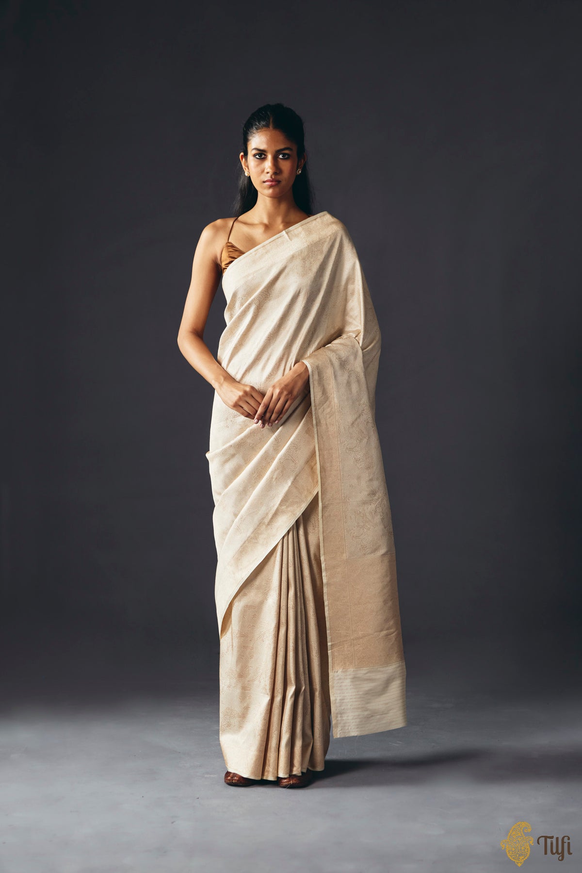 'Secrets of the Snow' Off White Pure Katan Silk Banarasi Handloom Saree
