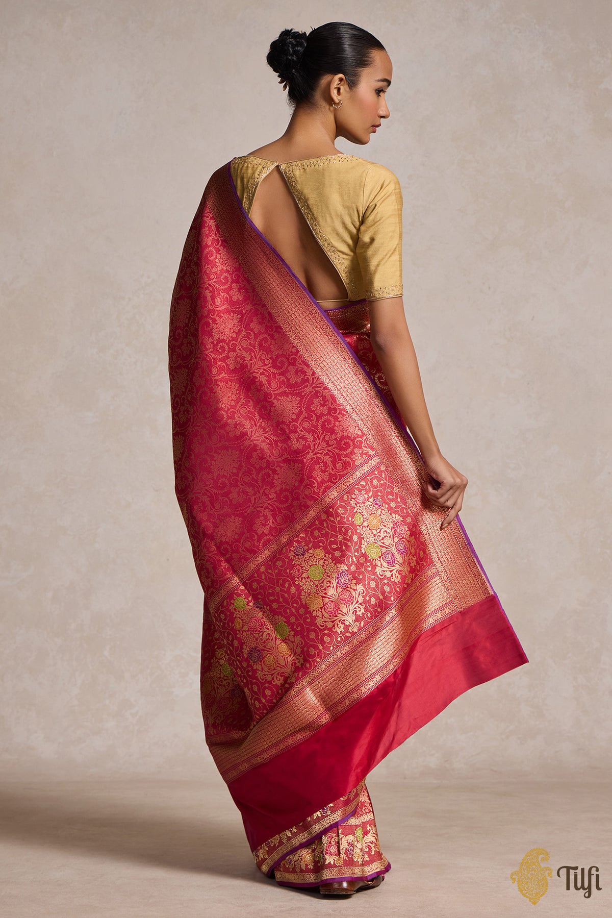 &#39;Tara&#39; Red Rani Pink Pure Katan Silk Banarasi Handloom Saree