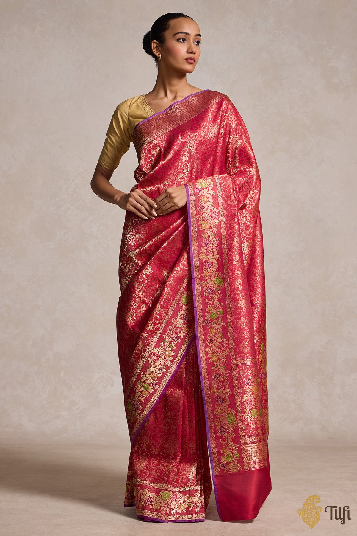 &#39;Tara&#39; Red Rani Pink Pure Katan Silk Banarasi Handloom Saree