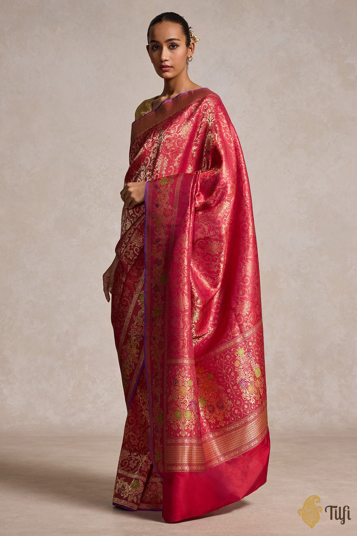 &#39;Tara&#39; Red Rani Pink Pure Katan Silk Banarasi Handloom Saree