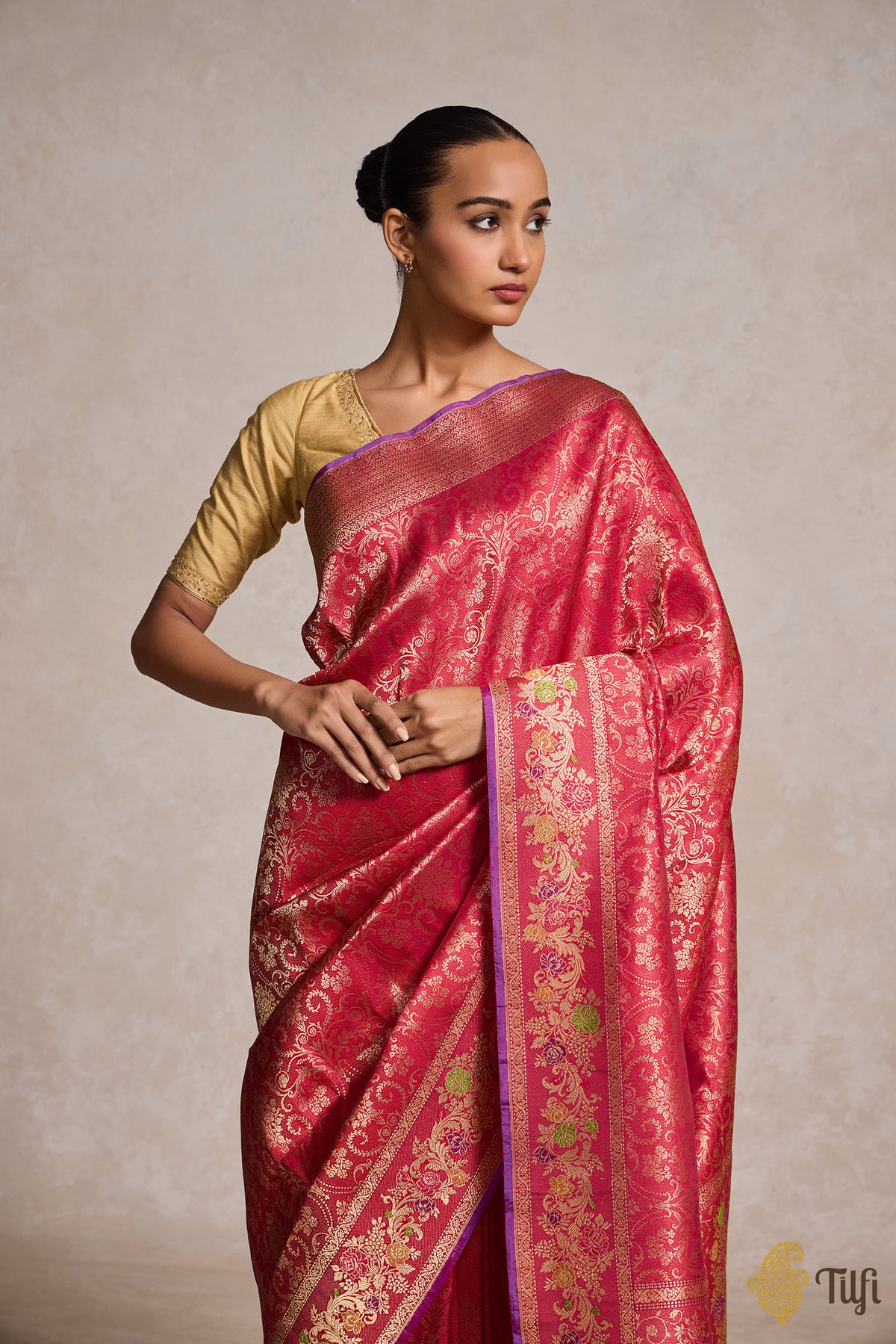 &#39;Tara&#39; Red Rani Pink Pure Katan Silk Banarasi Handloom Saree