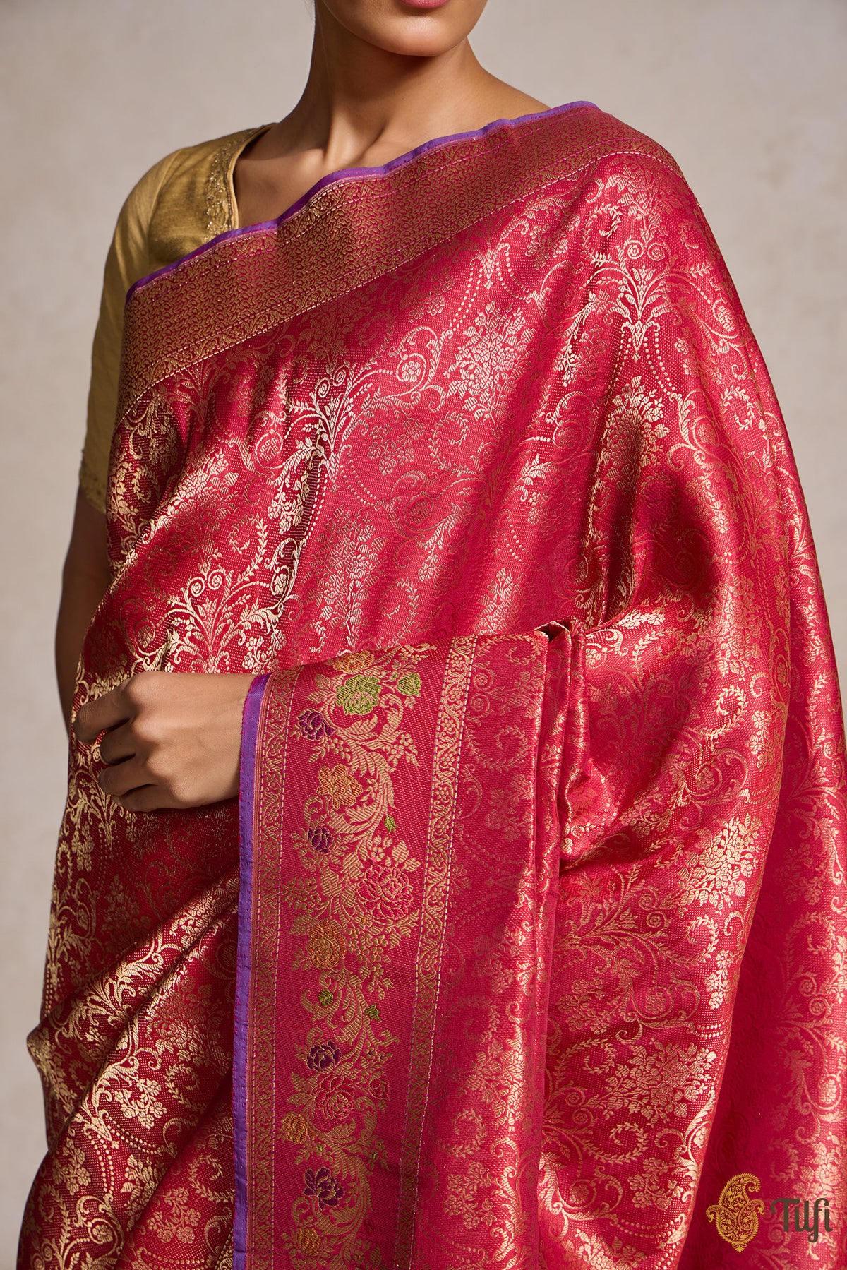 &#39;Tara&#39; Red Rani Pink Pure Katan Silk Banarasi Handloom Saree