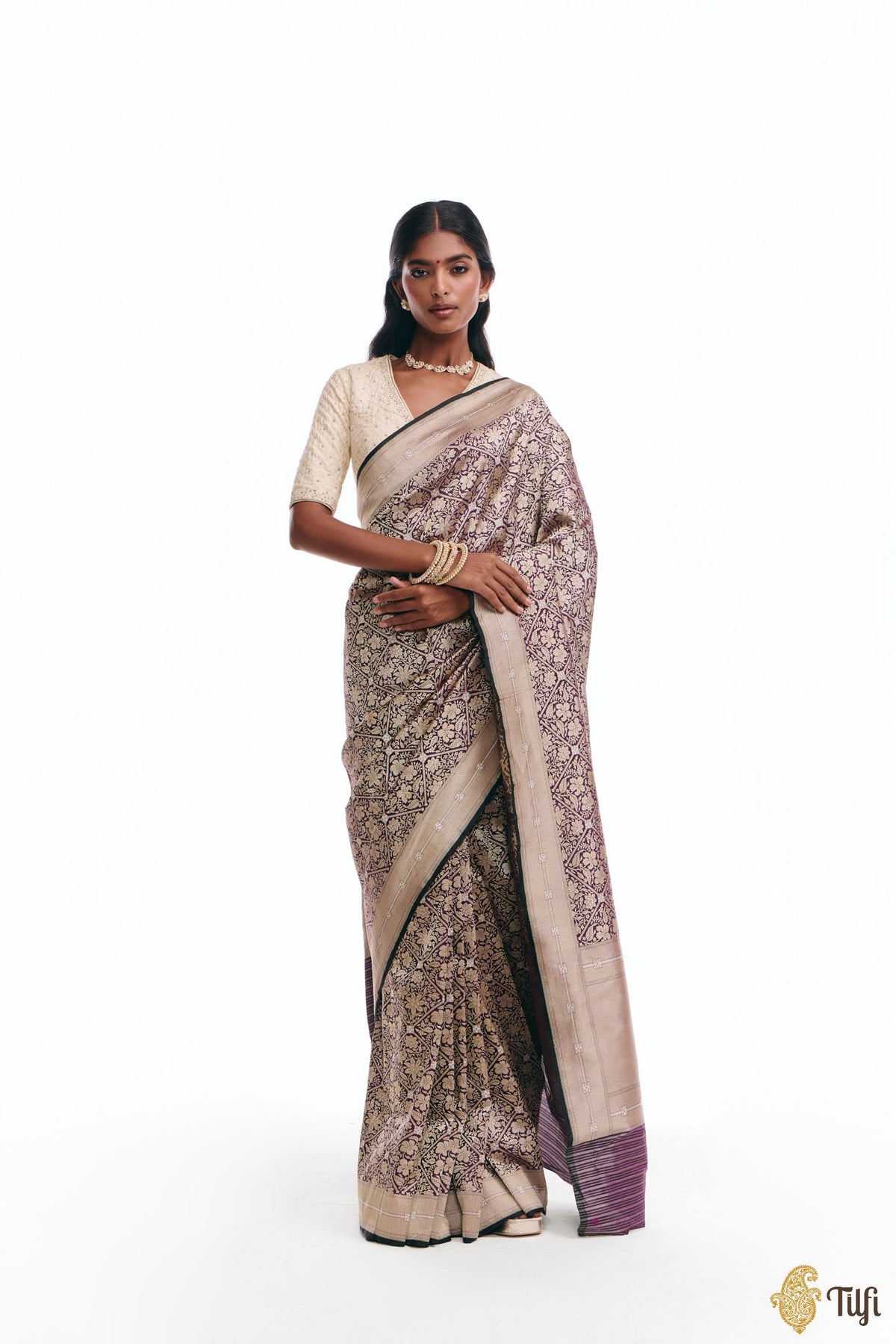 'Kalpana' Black-Purple Pure Katan Silk Banarasi Handloom Saree