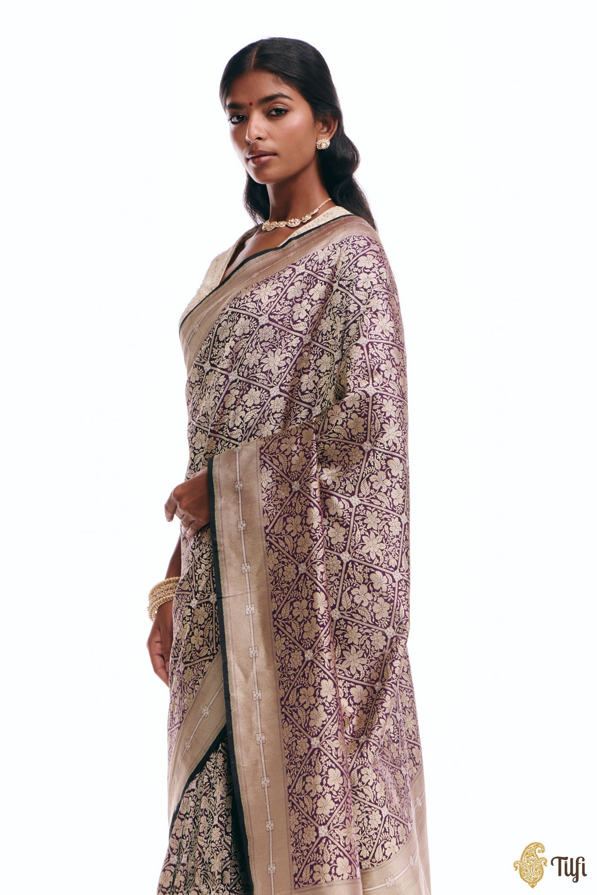 'Kalpana' Black-Purple Pure Katan Silk Banarasi Handloom Saree