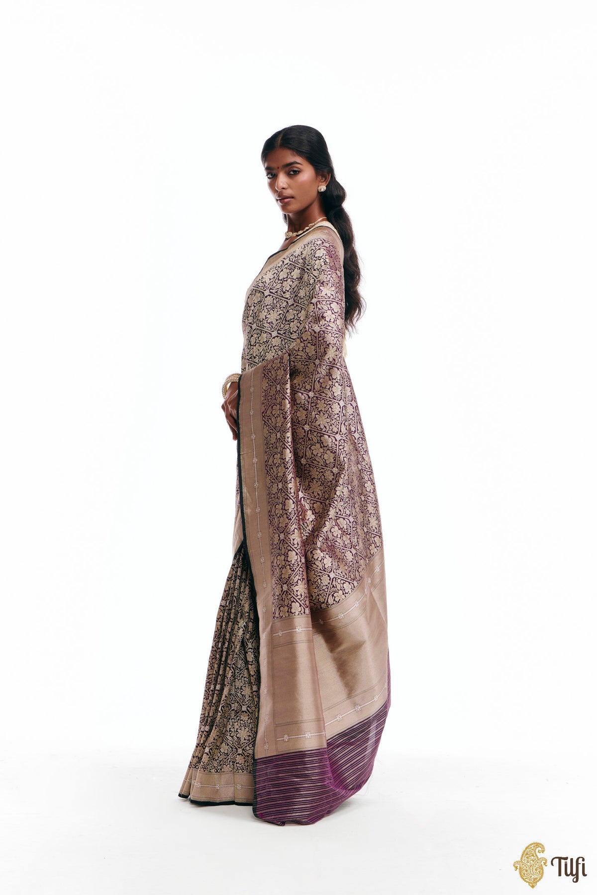 'Kalpana' Black-Purple Pure Katan Silk Banarasi Handloom Saree