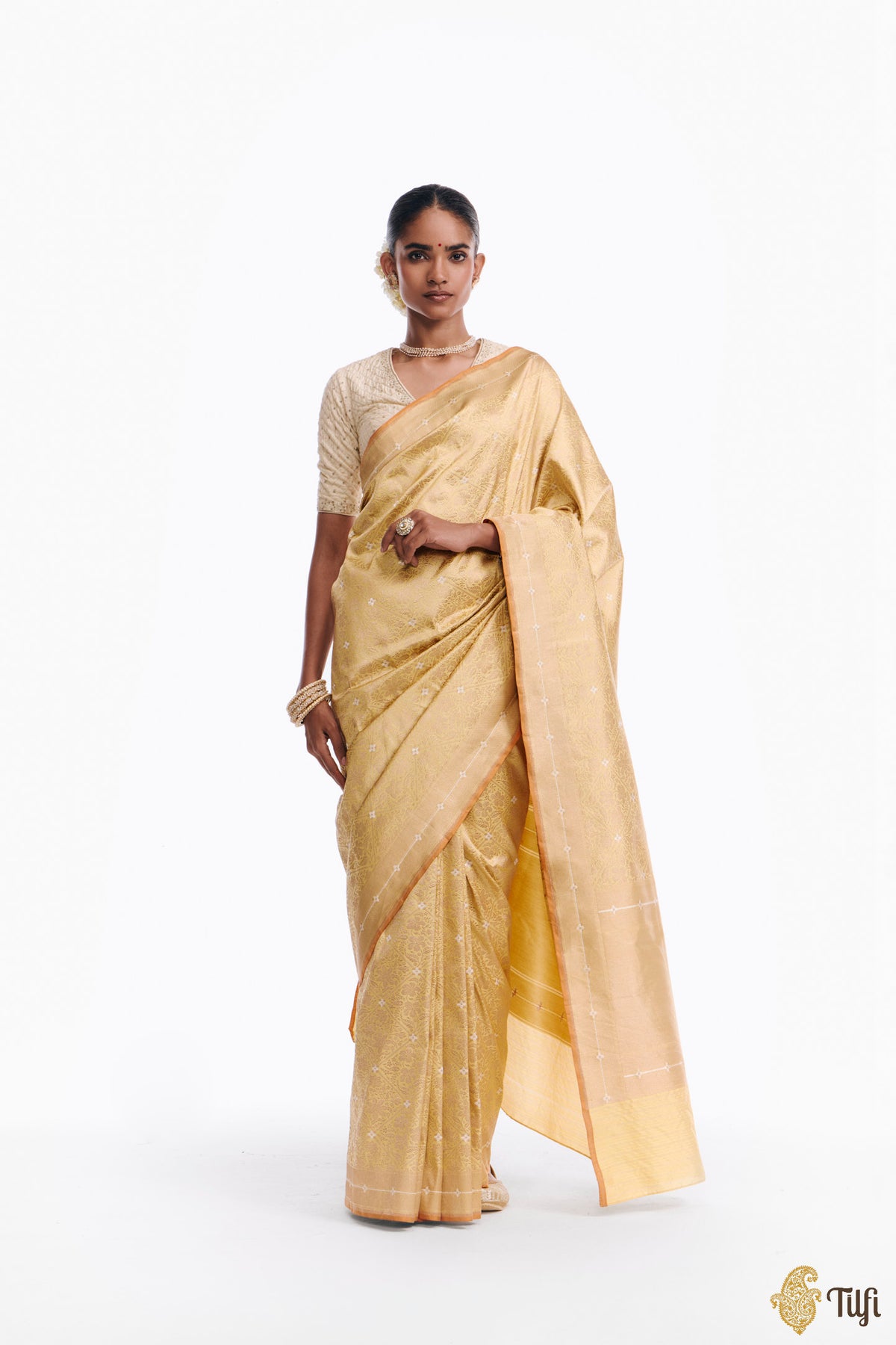 'Kalpana' Ivory-Yellow Pure Katan Silk Banarasi Handloom Saree