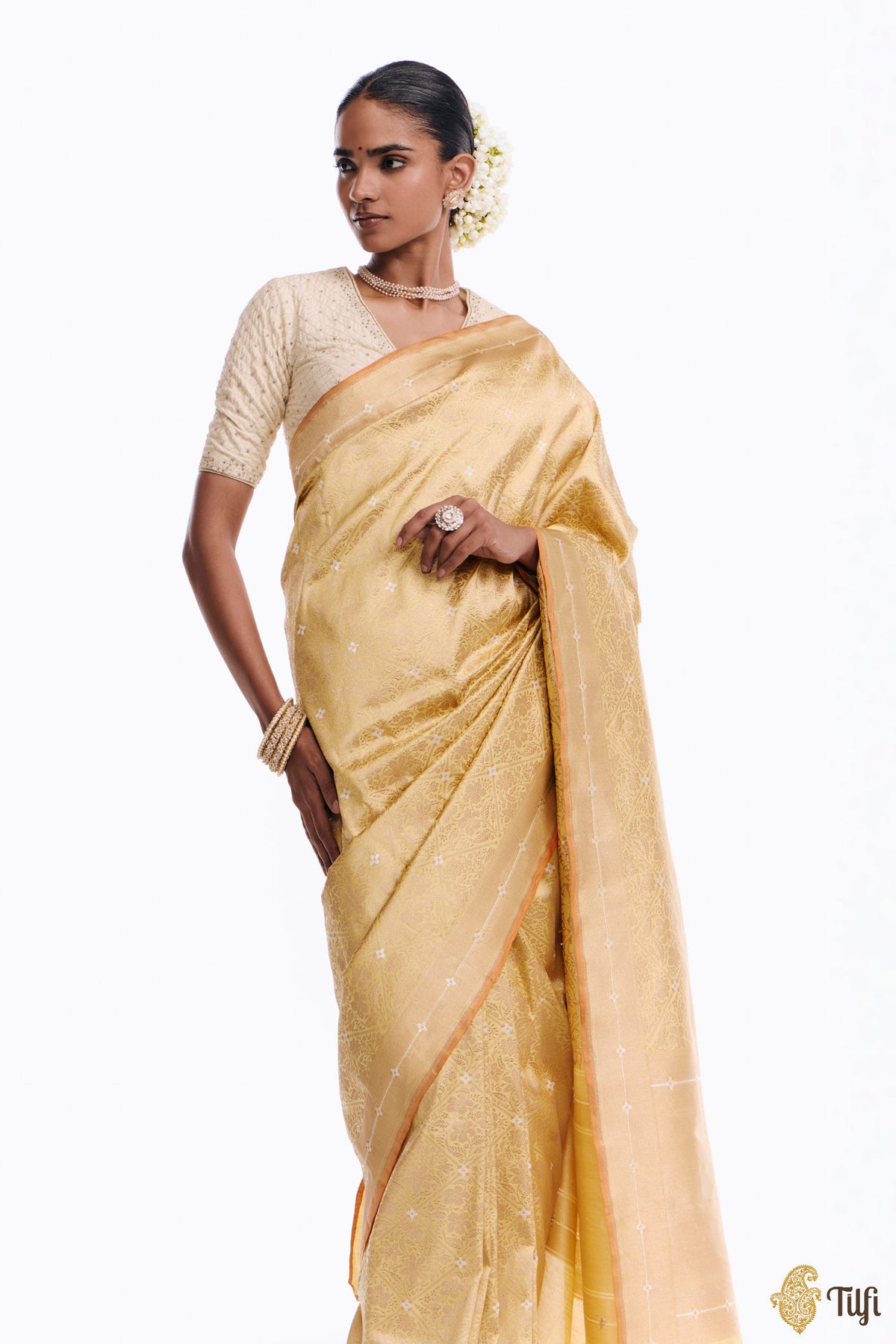 'Kalpana' Ivory-Yellow Pure Katan Silk Banarasi Handloom Saree