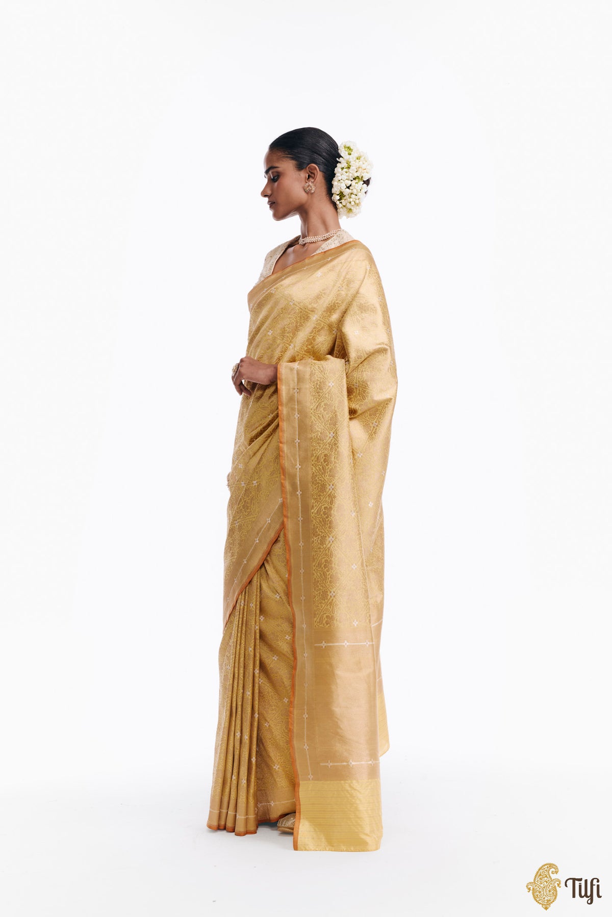 'Kalpana' Ivory-Yellow Pure Katan Silk Banarasi Handloom Saree