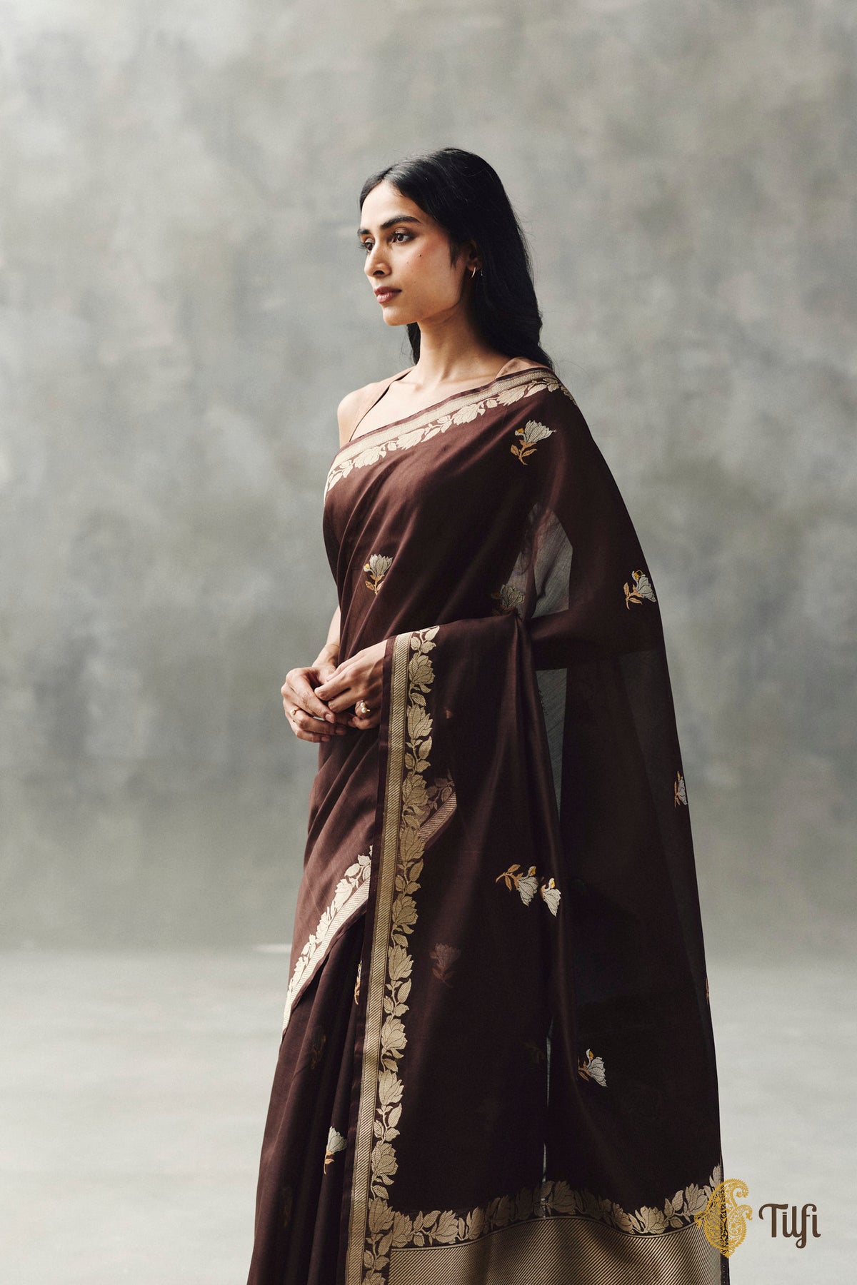 'Magnolias & Beetles' Chocolate Brown Pure Kora by Cotton Banarasi Handloom Saree