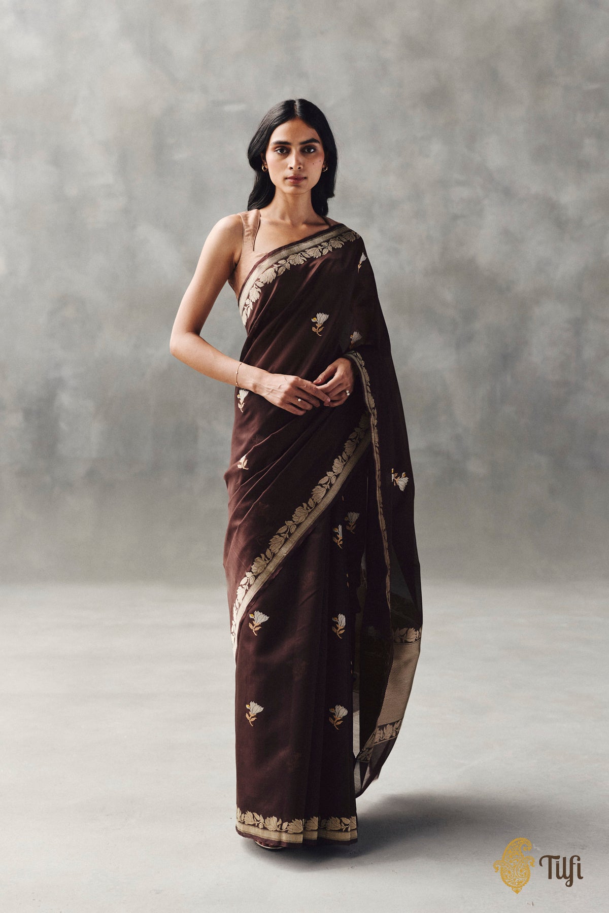 'Magnolias & Beetles' Chocolate Brown Pure Kora by Cotton Banarasi Handloom Saree