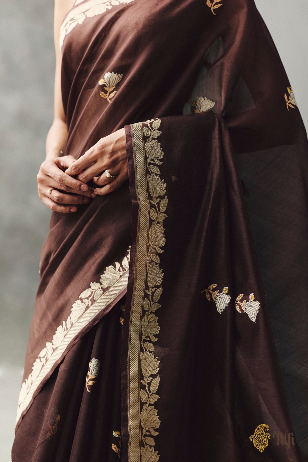 'Magnolias & Beetles' Chocolate Brown Pure Kora by Cotton Banarasi Handloom Saree