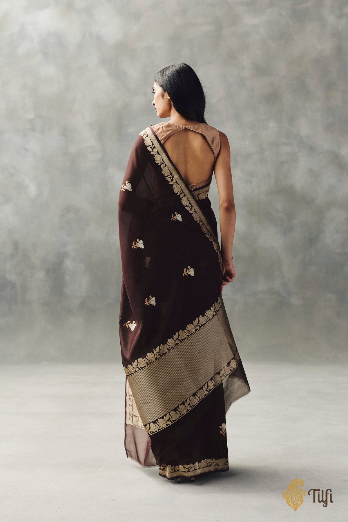 'Magnolias & Beetles' Chocolate Brown Pure Kora by Cotton Banarasi Handloom Saree