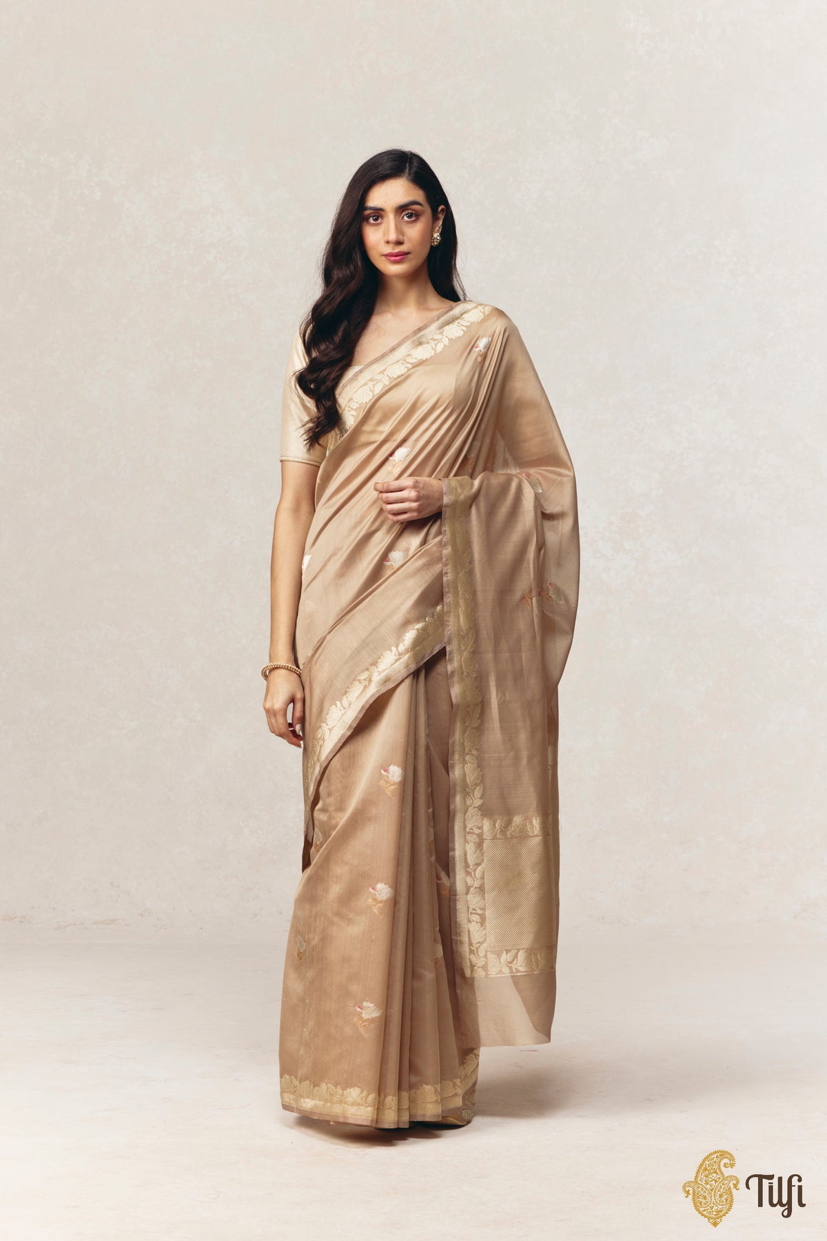 'Magnolias & Beetles' Beige Pure Kora by Cotton Banarasi Handloom Saree