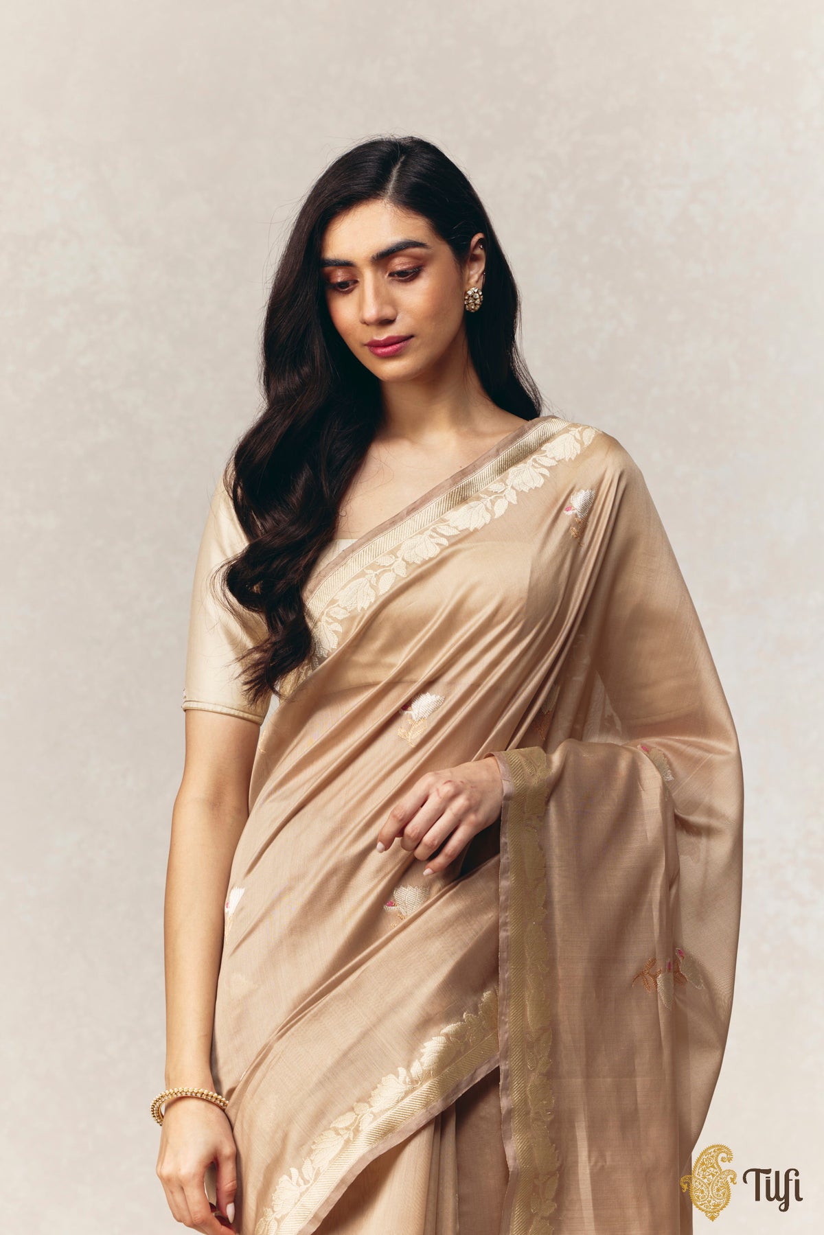 'Magnolias & Beetles' Beige Pure Kora by Cotton Banarasi Handloom Saree
