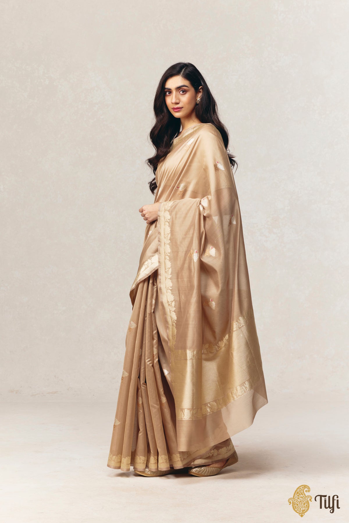 'Magnolias & Beetles' Beige Pure Kora by Cotton Banarasi Handloom Saree