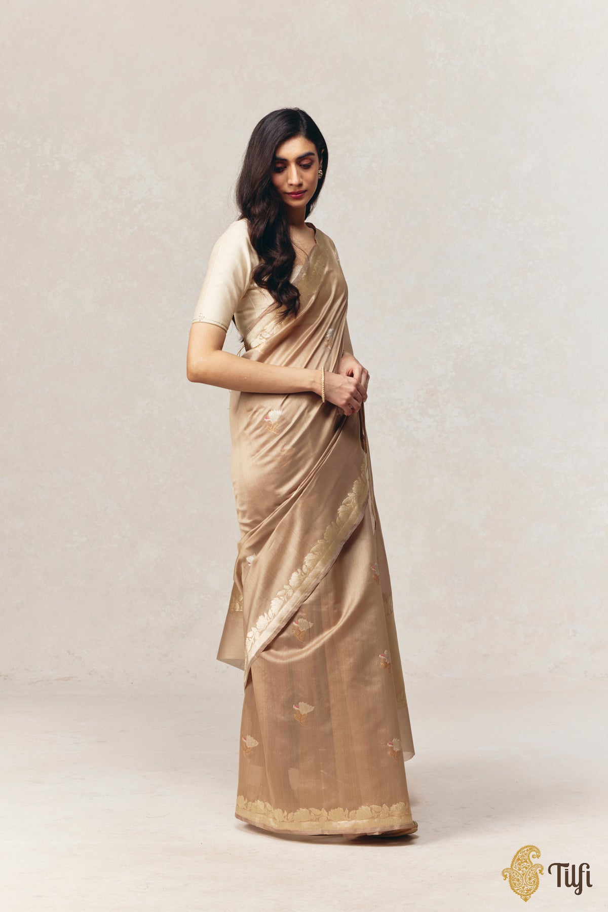 'Magnolias & Beetles' Beige Pure Kora by Cotton Banarasi Handloom Saree