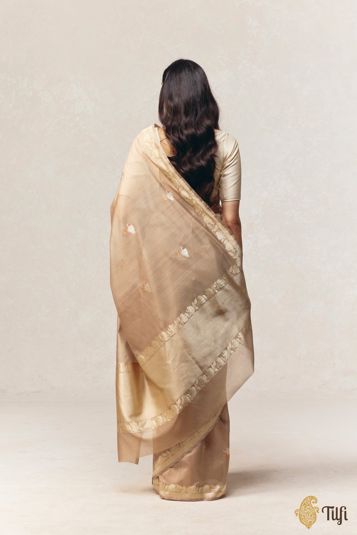 'Magnolias & Beetles' Beige Pure Kora by Cotton Banarasi Handloom Saree