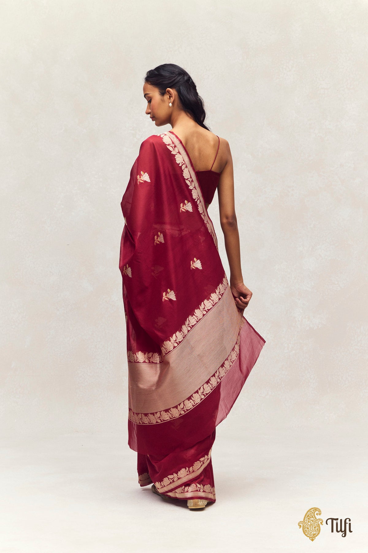 'Magnolias & Beetles' Maroon Pure Kora by Cotton Banarasi Handloom Saree