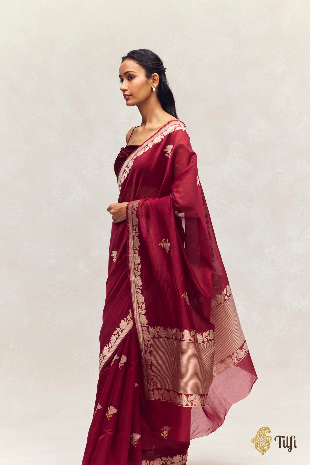 'Magnolias & Beetles' Maroon Pure Kora by Cotton Banarasi Handloom Saree