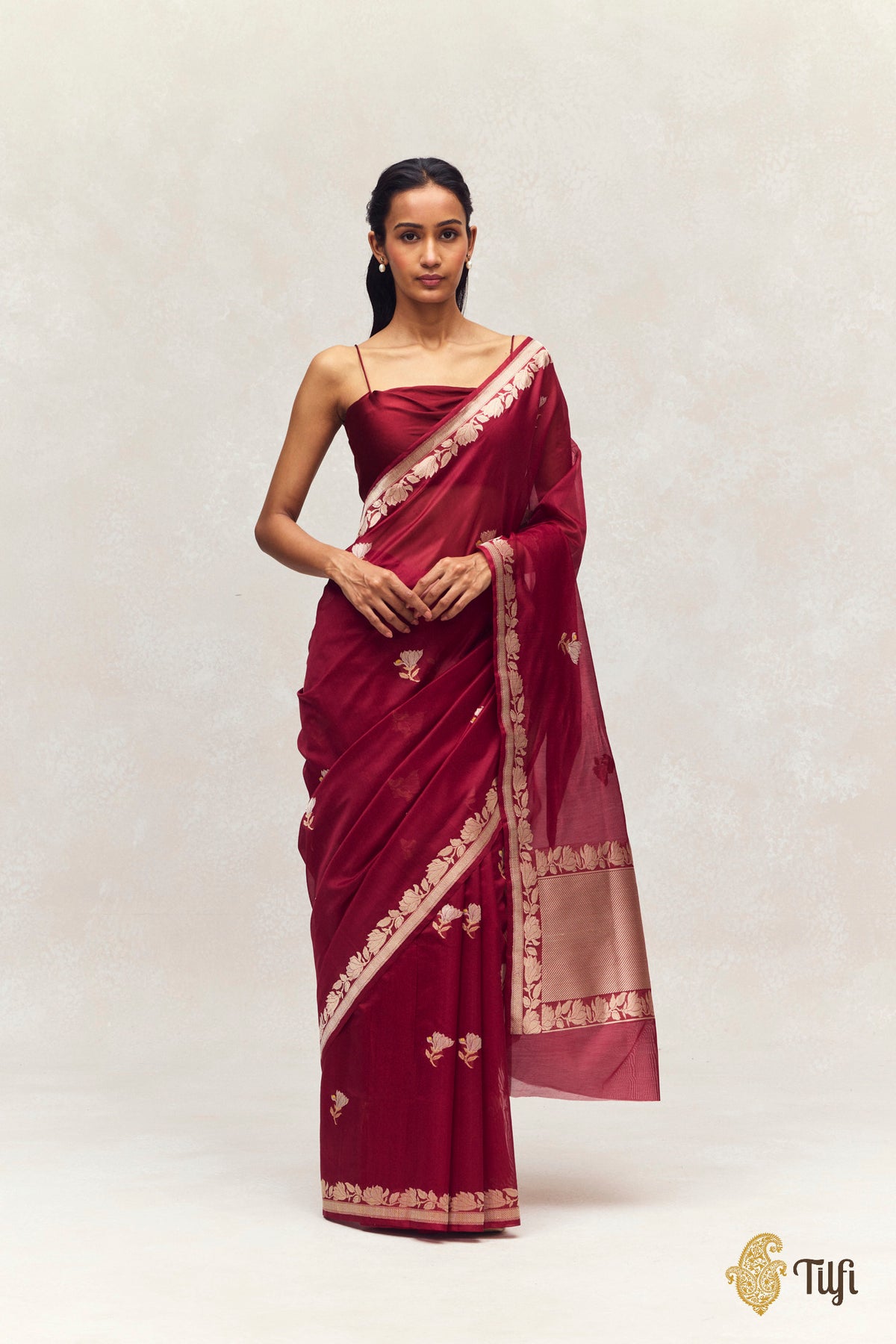 'Magnolias & Beetles' Maroon Pure Kora by Cotton Banarasi Handloom Saree