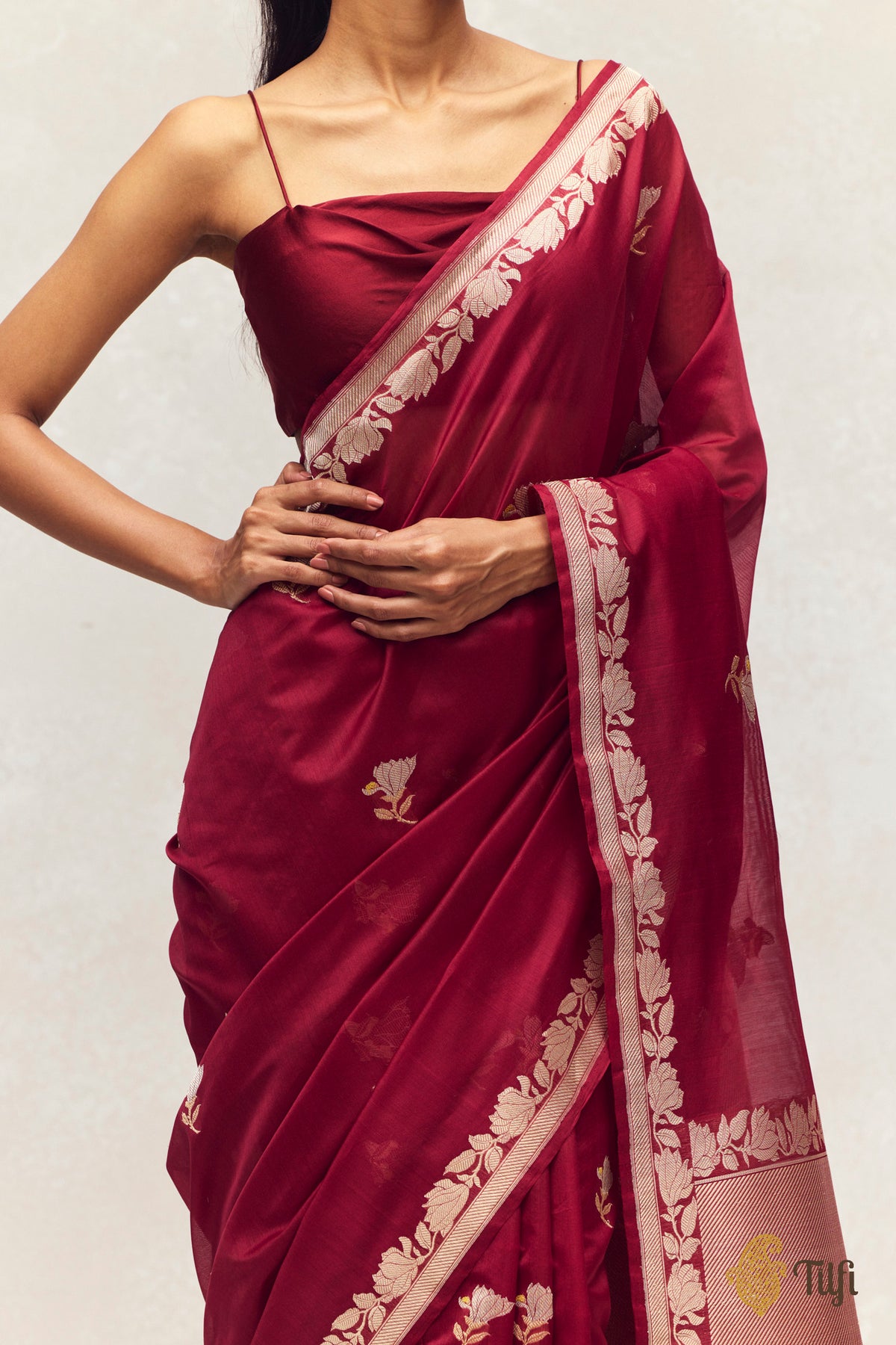 'Magnolias & Beetles' Maroon Pure Kora by Cotton Banarasi Handloom Saree
