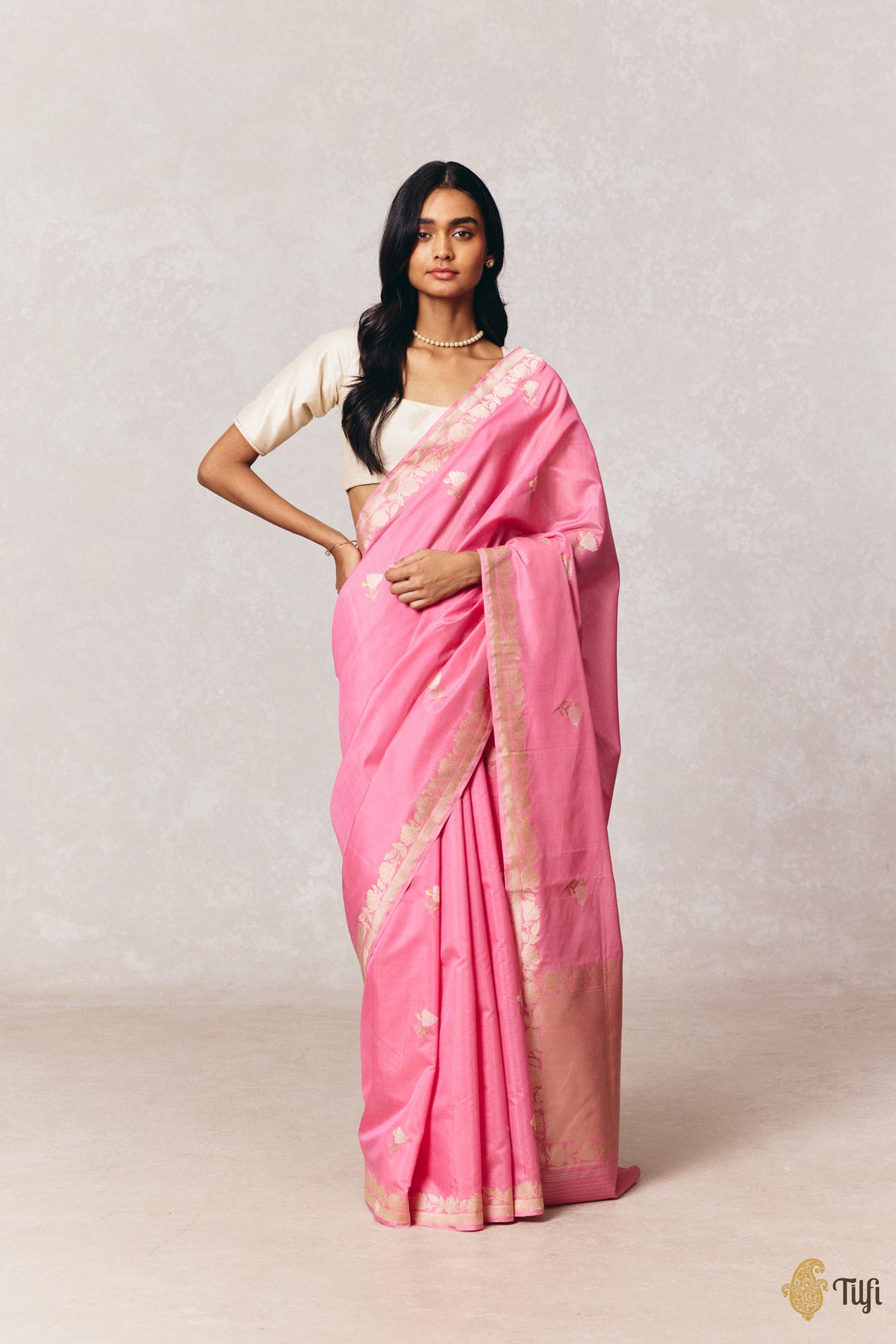 'Magnolias & Beetles' Pink Pure Kora by Cotton Banarasi Handloom Saree