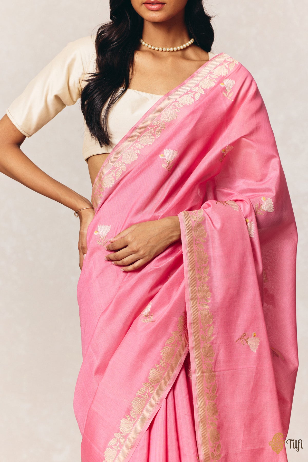 'Magnolias & Beetles' Pink Pure Kora by Cotton Banarasi Handloom Saree