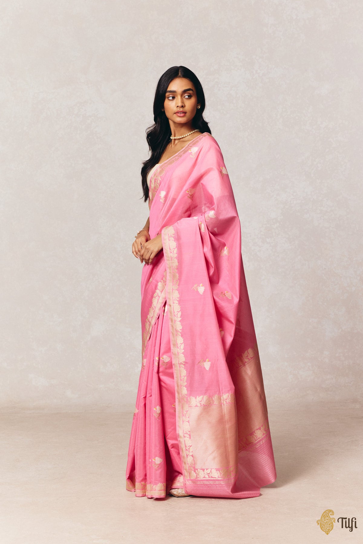 'Magnolias & Beetles' Pink Pure Kora by Cotton Banarasi Handloom Saree