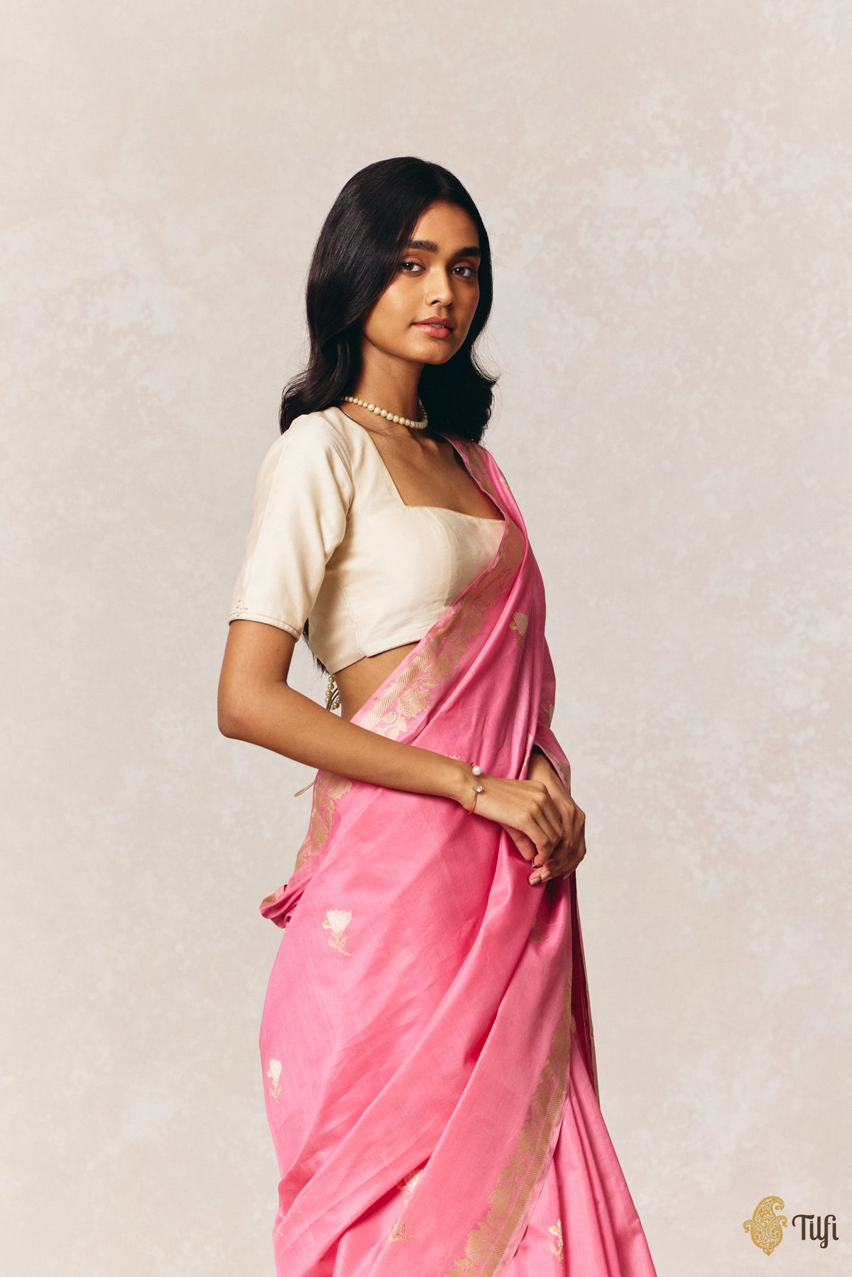 'Magnolias & Beetles' Pink Pure Kora by Cotton Banarasi Handloom Saree
