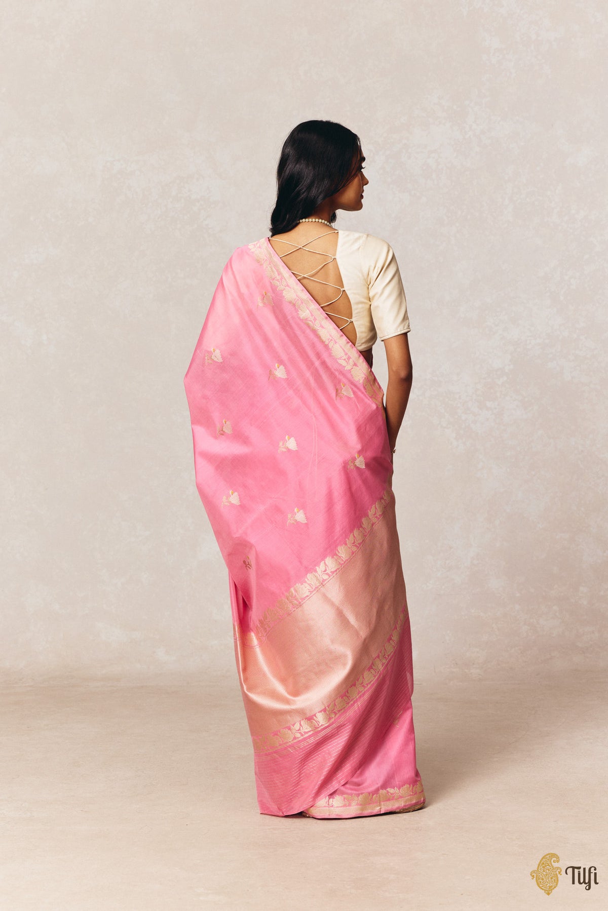 'Magnolias & Beetles' Pink Pure Kora by Cotton Banarasi Handloom Saree
