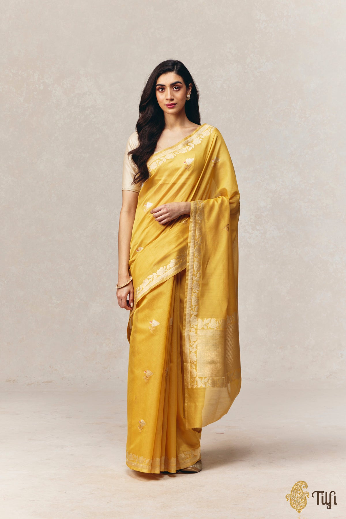 'Magnolias & Beetles' Yellow Pure Kora by Cotton Banarasi Handloom Saree
