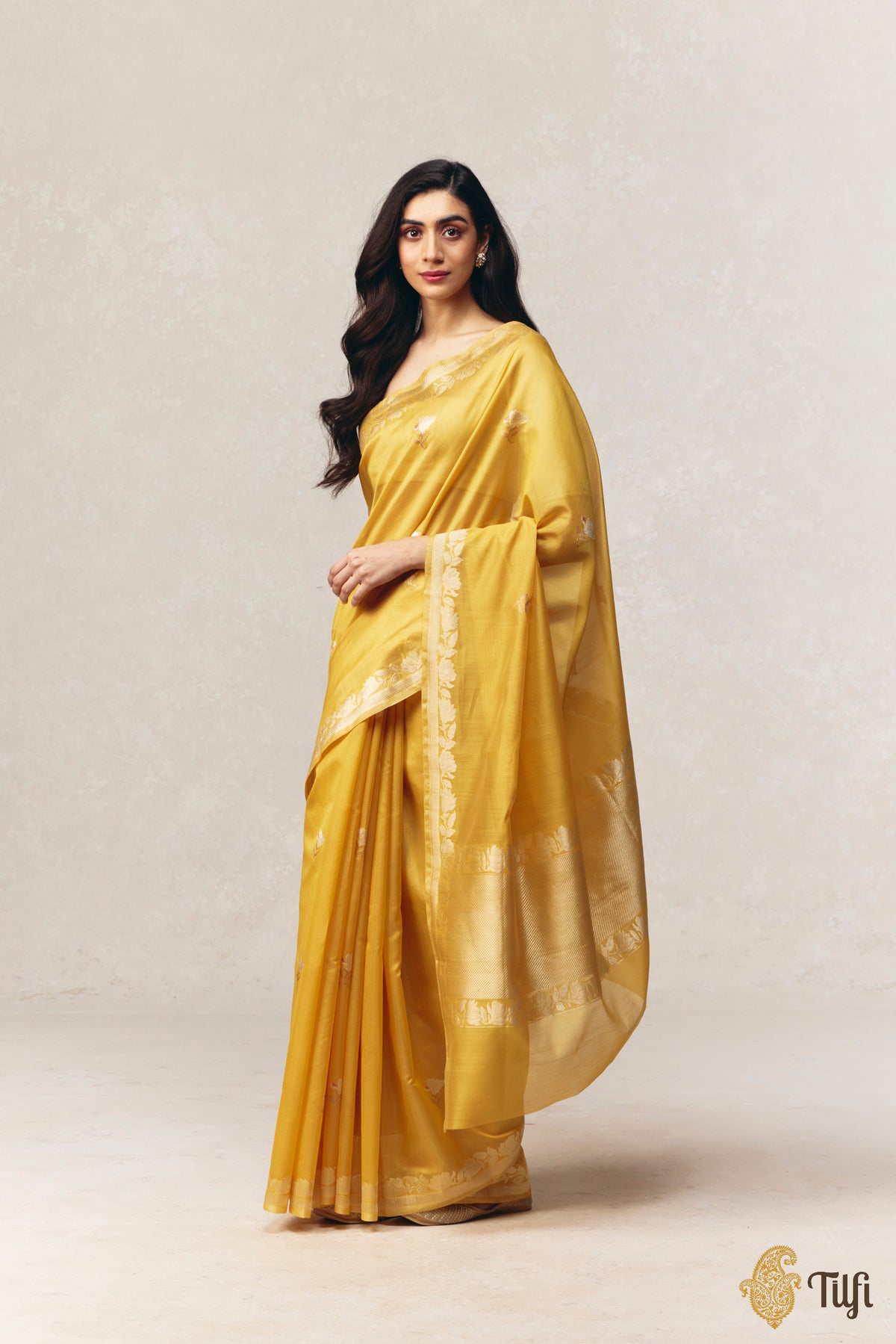 'Magnolias & Beetles' Yellow Pure Kora by Cotton Banarasi Handloom Saree