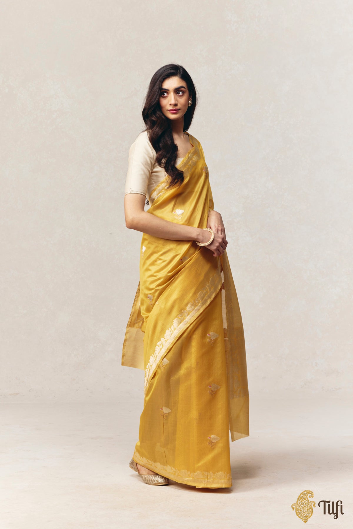 'Magnolias & Beetles' Yellow Pure Kora by Cotton Banarasi Handloom Saree