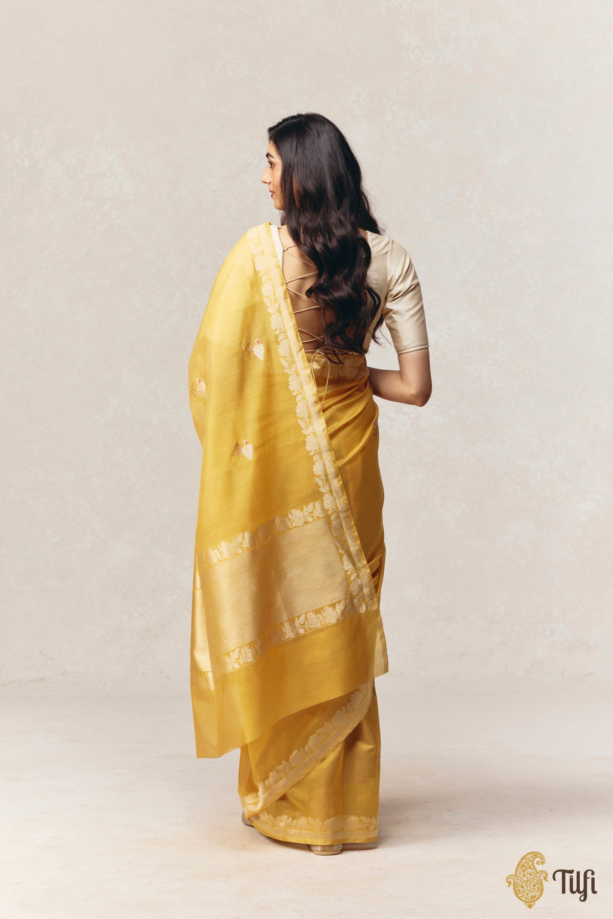 'Magnolias & Beetles' Yellow Pure Kora by Cotton Banarasi Handloom Saree