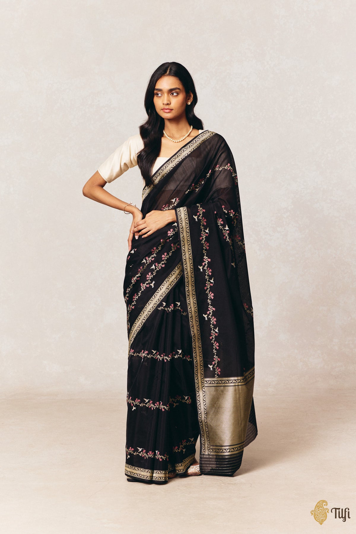 Pre-Order: 'Hummingbirds' Black Kora by Cotton Butterfly Gold Antique Zari Plain Saree
