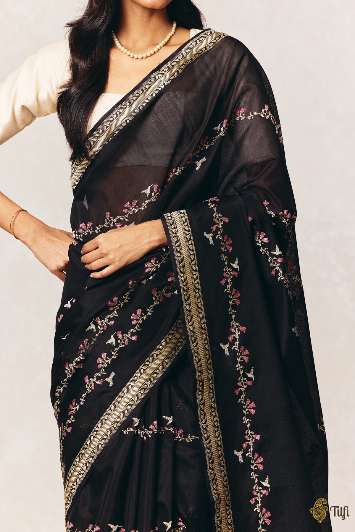 Pre-Order: 'Hummingbirds' Black Kora by Cotton Butterfly Gold Antique Zari Plain Saree
