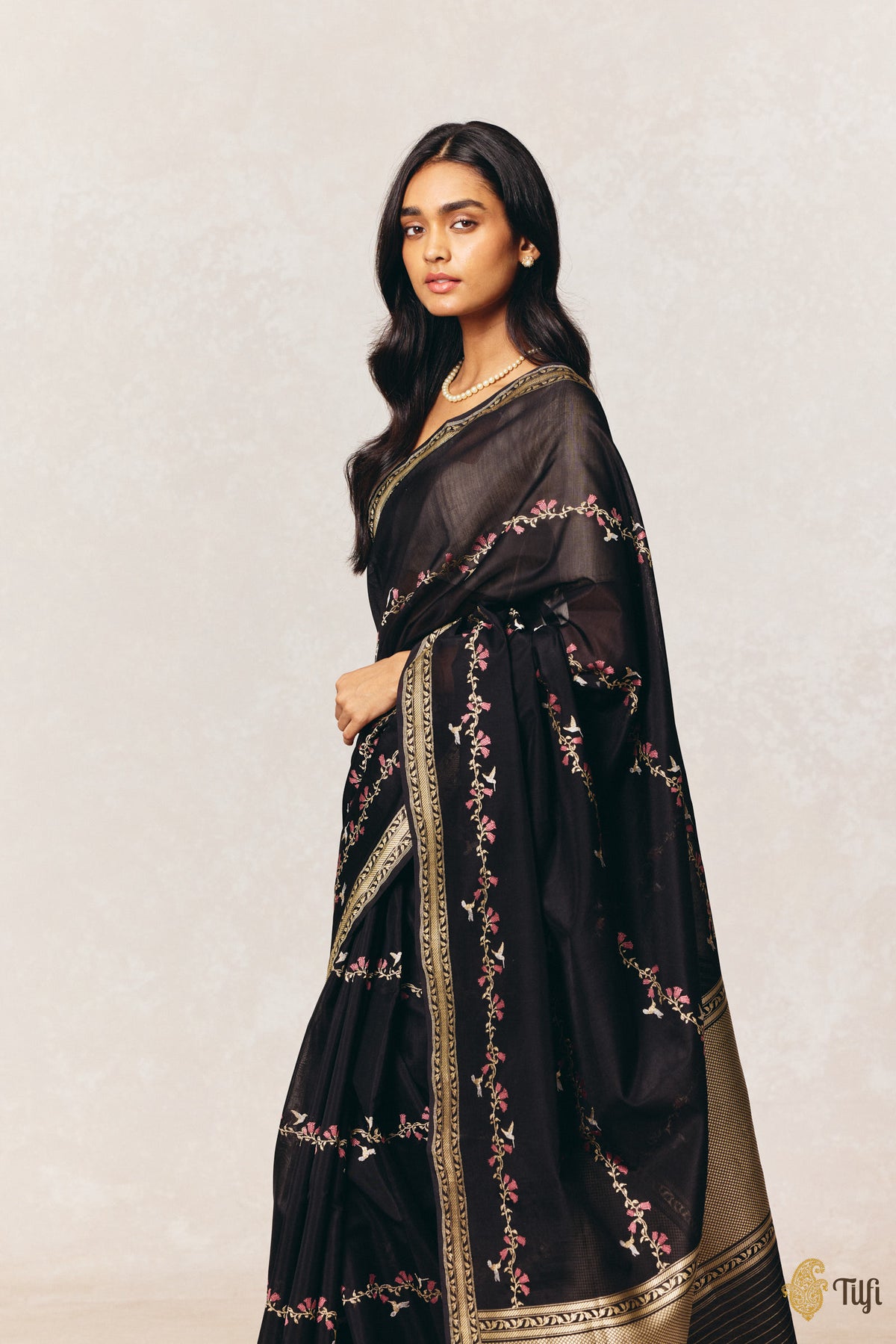 Pre-Order: 'Hummingbirds' Black Kora by Cotton Butterfly Gold Antique Zari Plain Saree