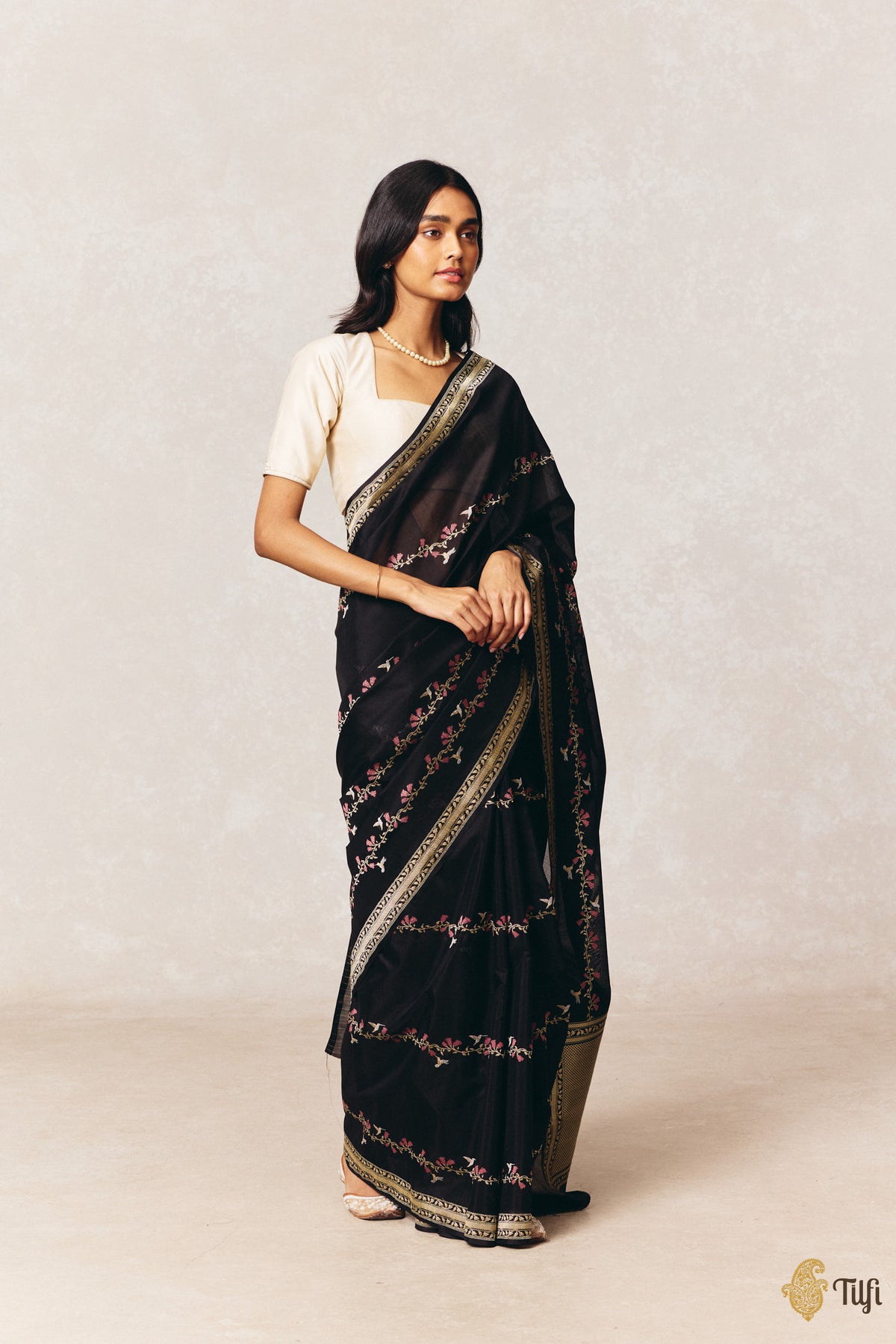 Pre-Order: 'Hummingbirds' Black Kora by Cotton Butterfly Gold Antique Zari Plain Saree