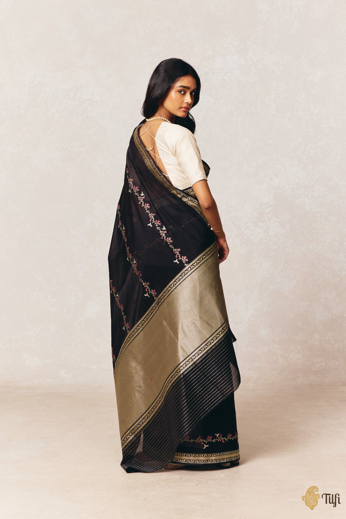 Pre-Order: 'Hummingbirds' Black Kora by Cotton Butterfly Gold Antique Zari Plain Saree