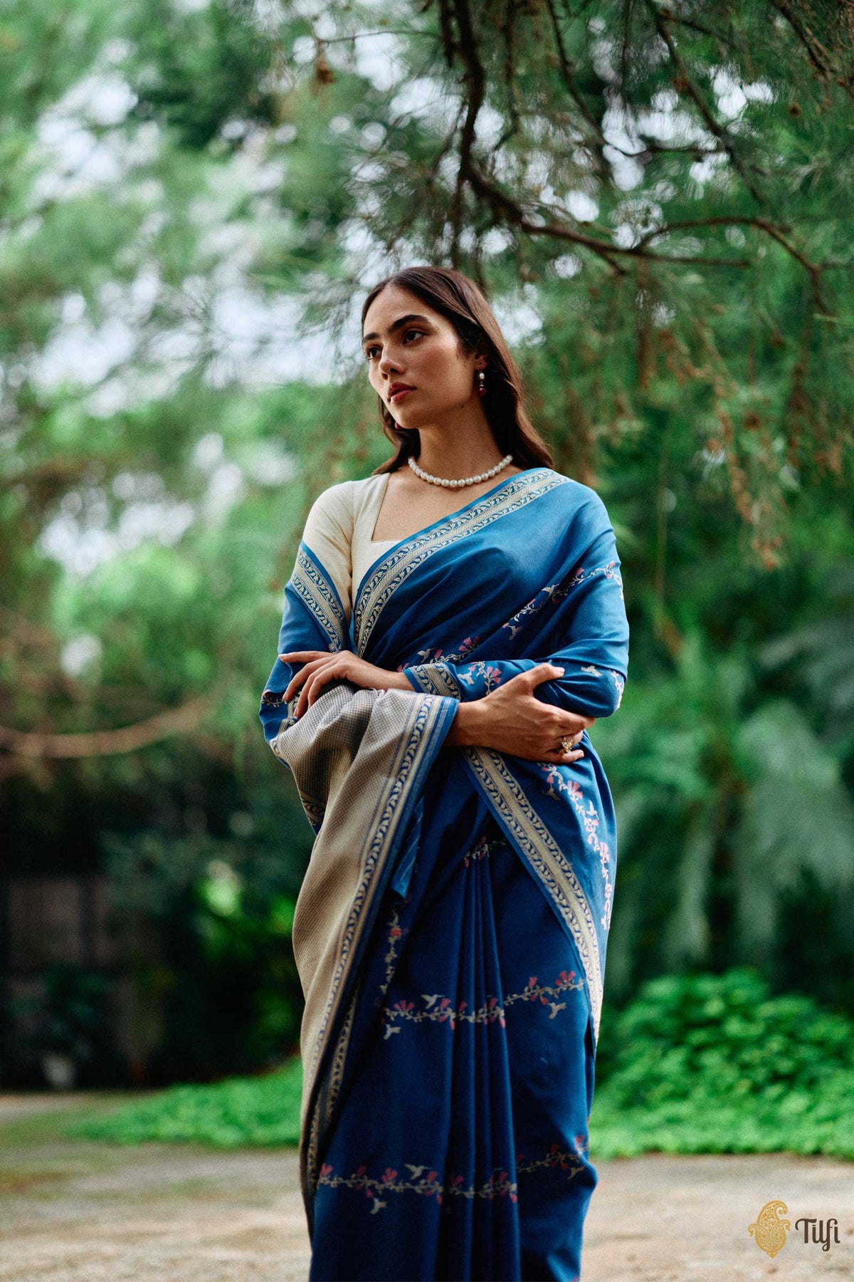 Pre-Order: 'Hummingbirds & Trumpet Creepers' Blue Pure Kora Silk by Cotton Banarasi Handloom Saree