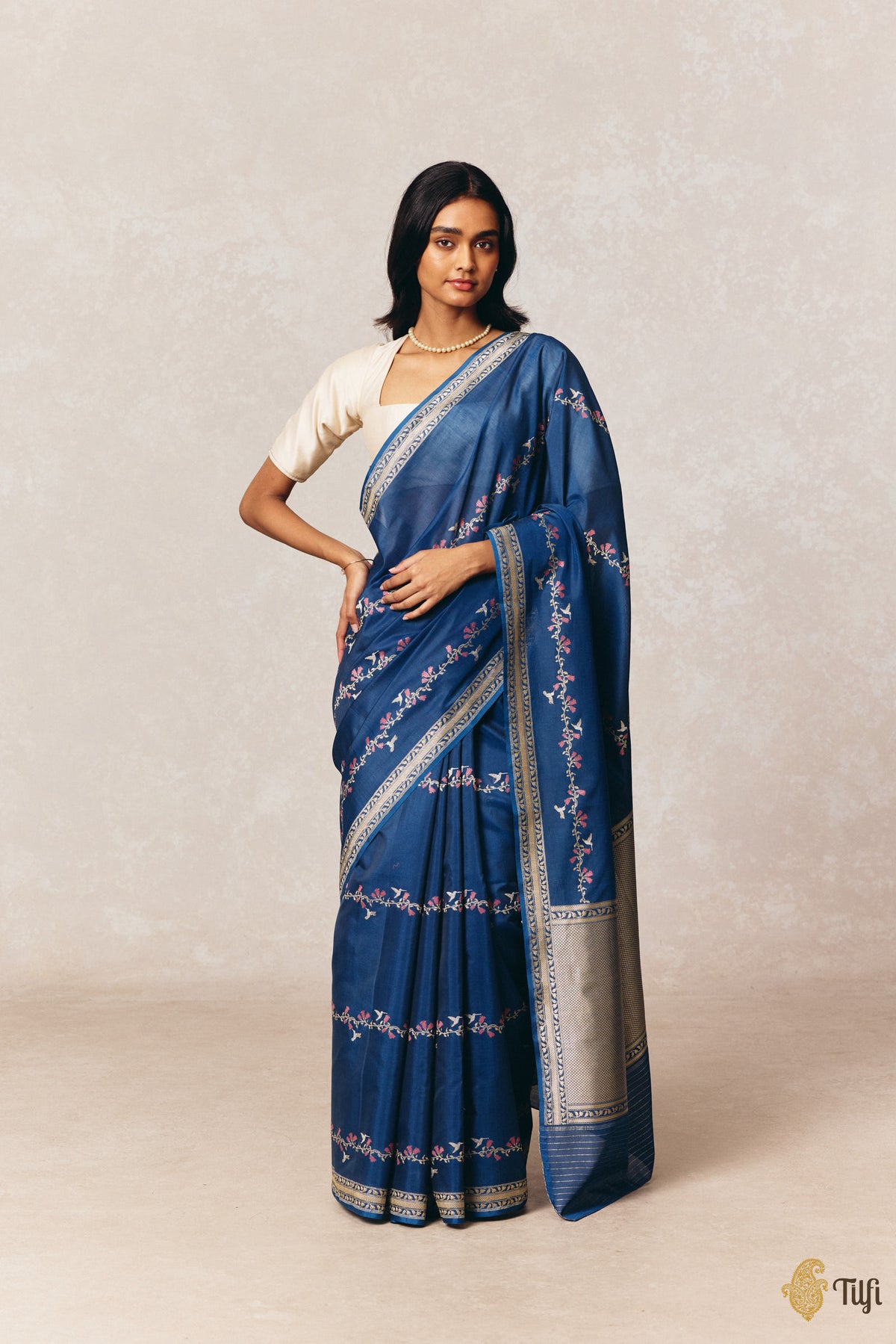 Pre-Order: 'Hummingbirds & Trumpet Creepers' Blue Pure Kora Silk by Cotton Banarasi Handloom Saree