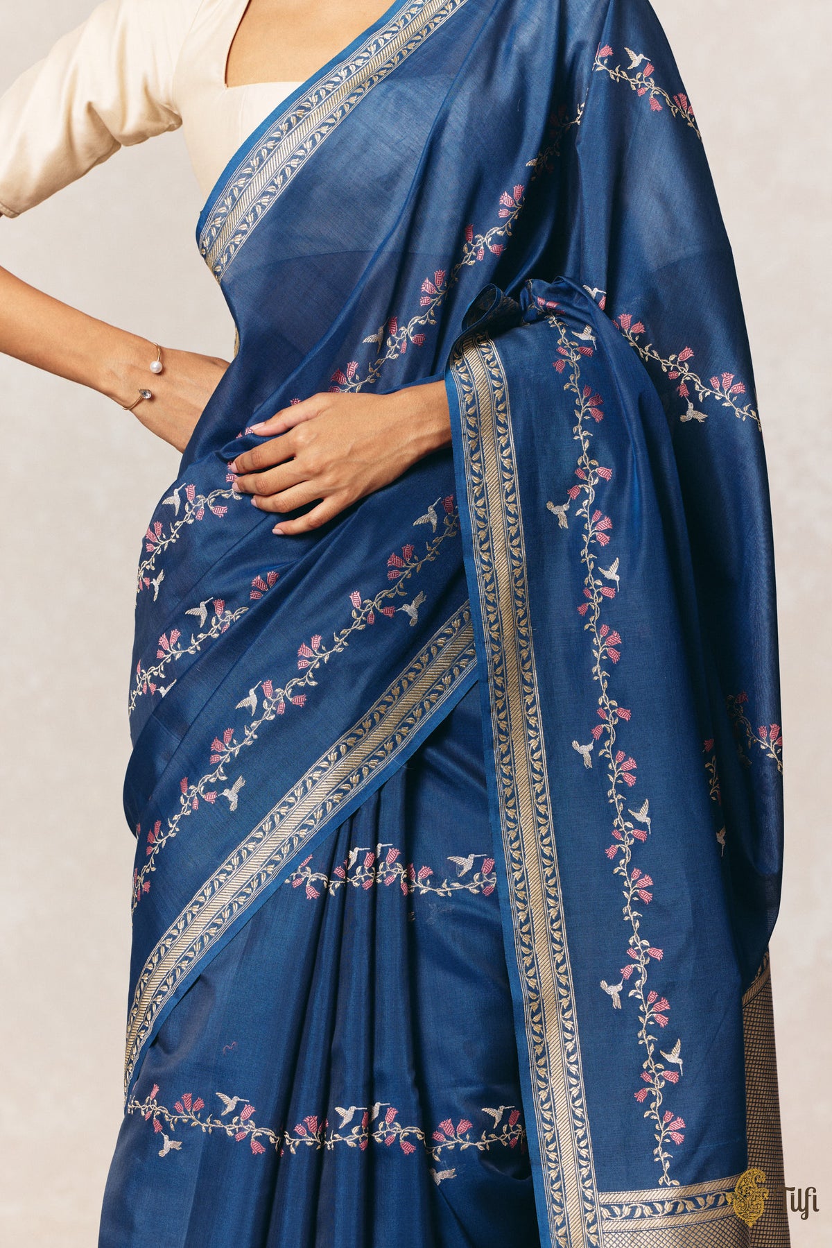 Pre-Order: 'Hummingbirds & Trumpet Creepers' Blue Pure Kora Silk by Cotton Banarasi Handloom Saree